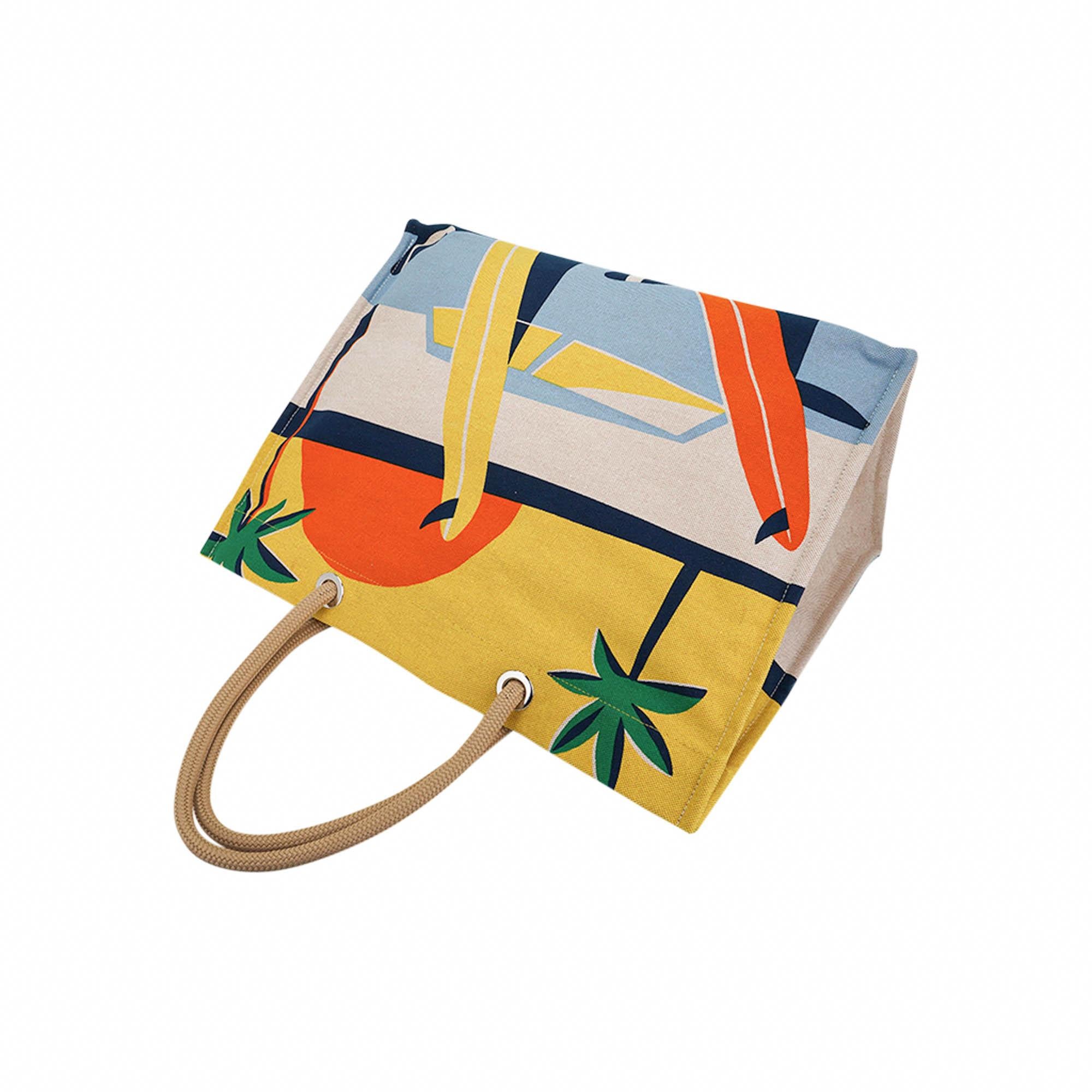 Hermes Beach Tote bag Apres la Vague Printed Toile Jaune and Blue en vente 3