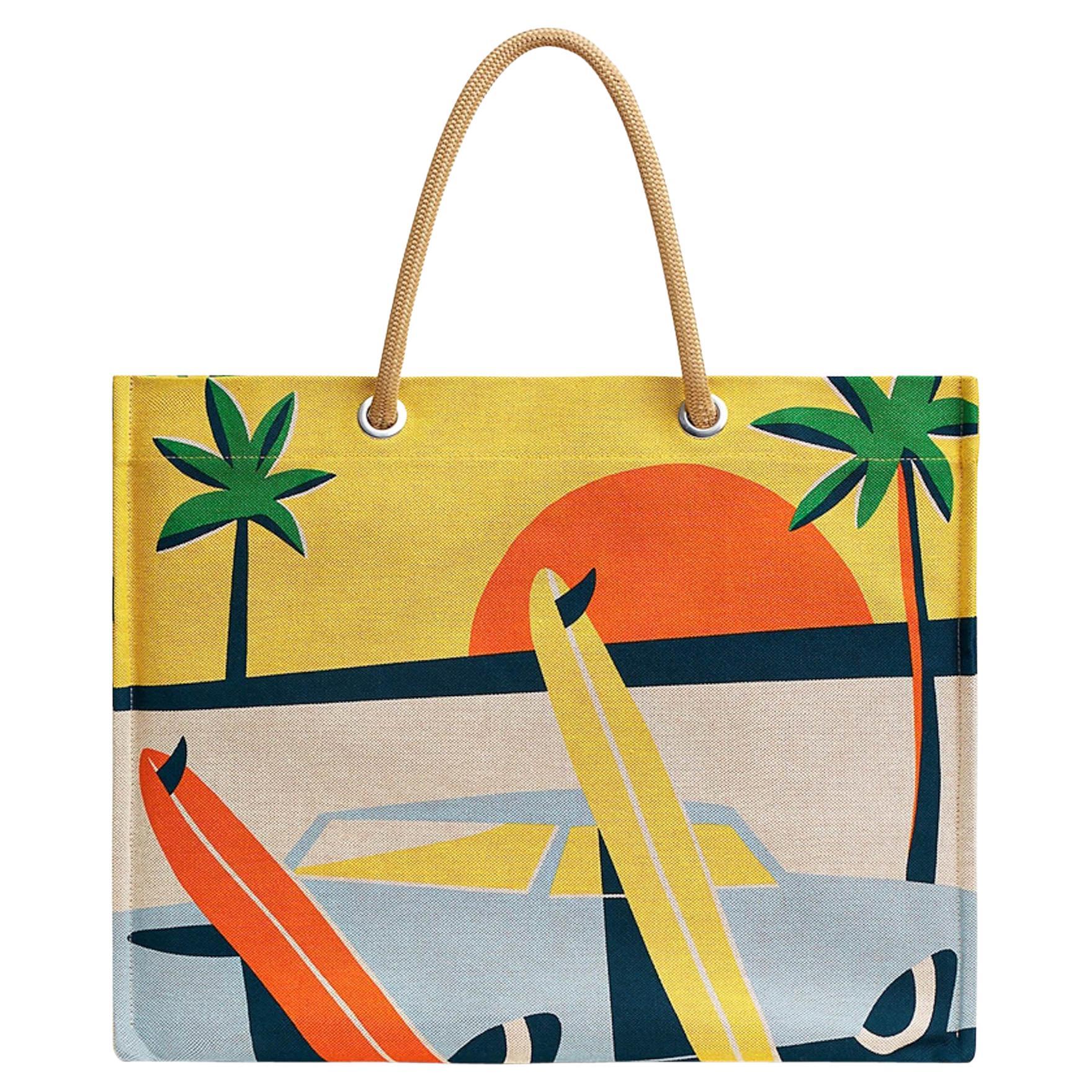 Hermes Beach Tote bag Apres la Vague Printed Toile Jaune and Blue