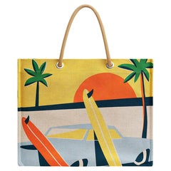 Hermes Beach Tote bag Apres la Vague Printed Toile Jaune and Blue