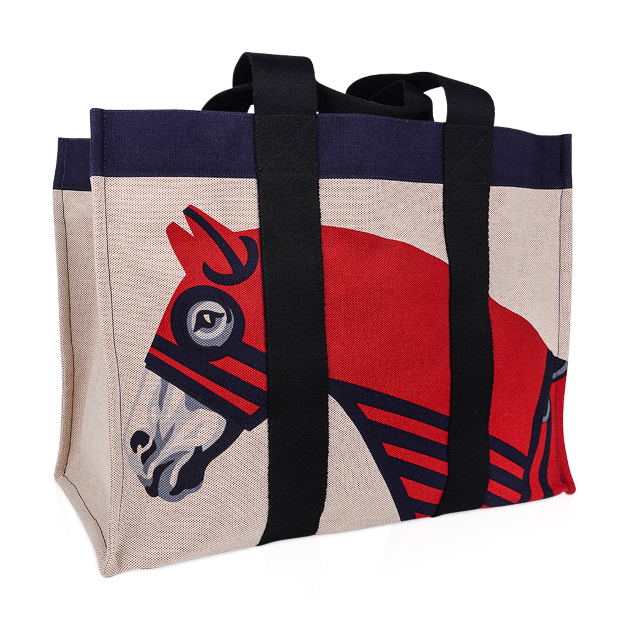 Black Hermes Beach Tote Bag Horse Printed Toile New