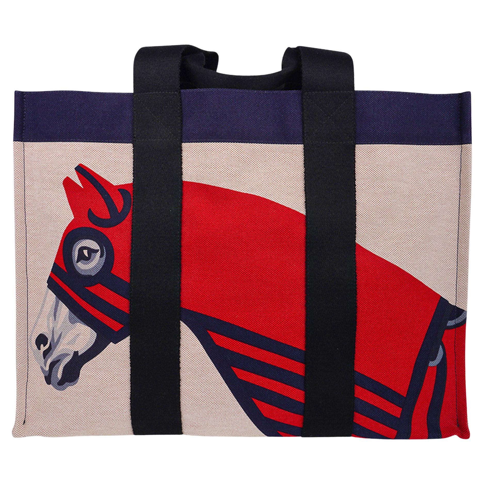 Black Hermes Beach Tote Bag Horse Printed Toile New For Sale
