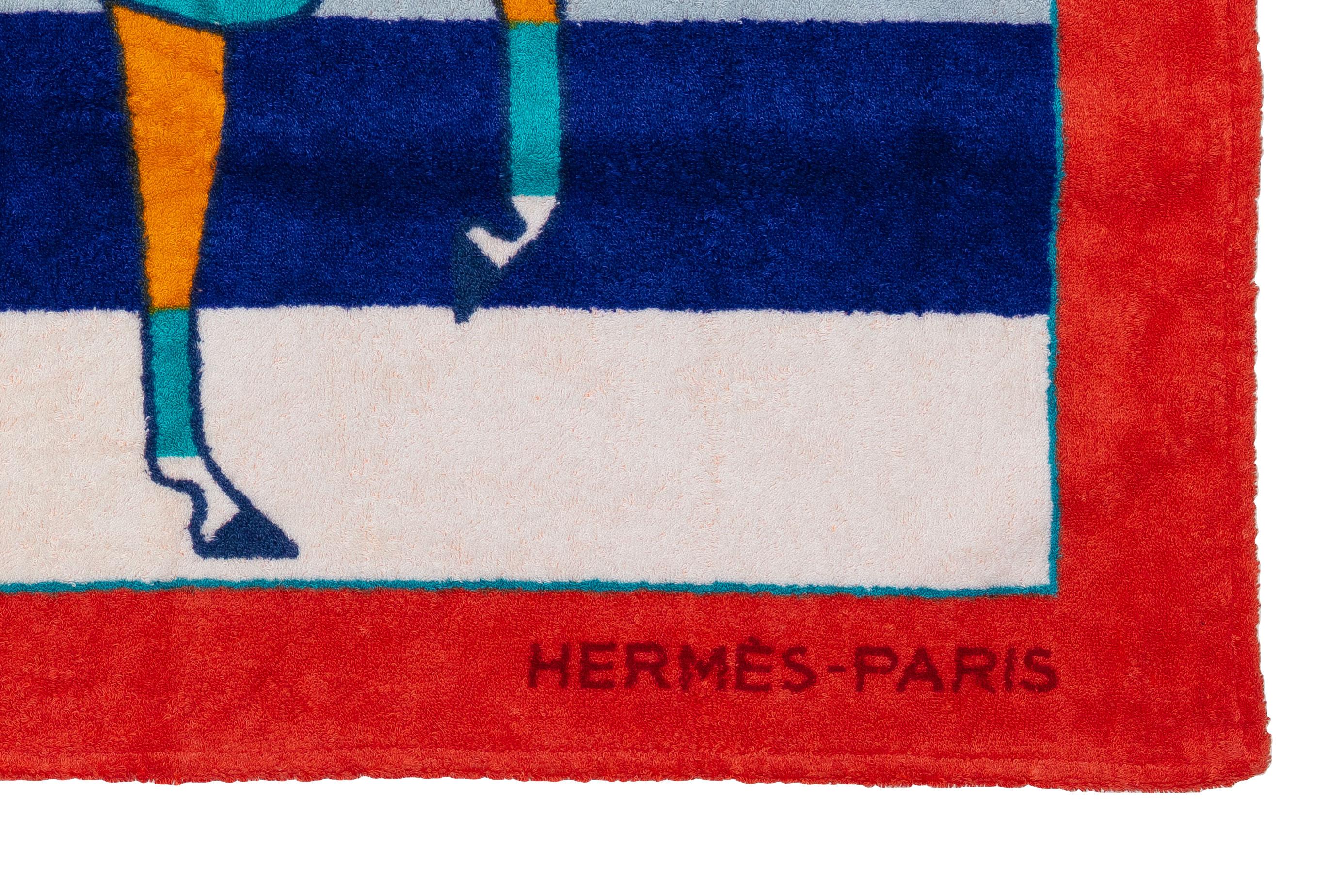 Hermes Beach Towel Horses Red Blue - Cotton NEW 7