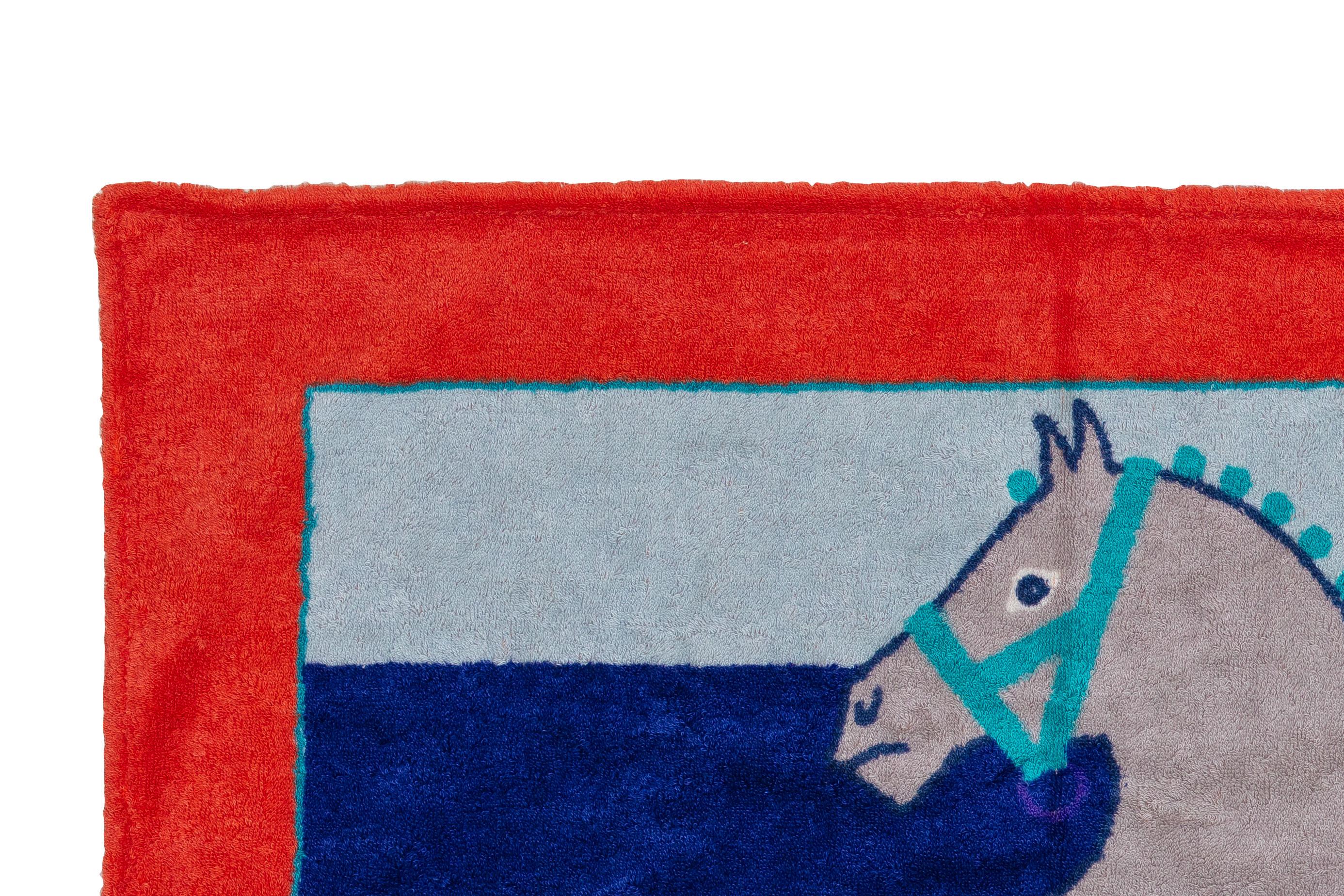 Gray Hermes Beach Towel Horses Red Blue - Cotton NEW