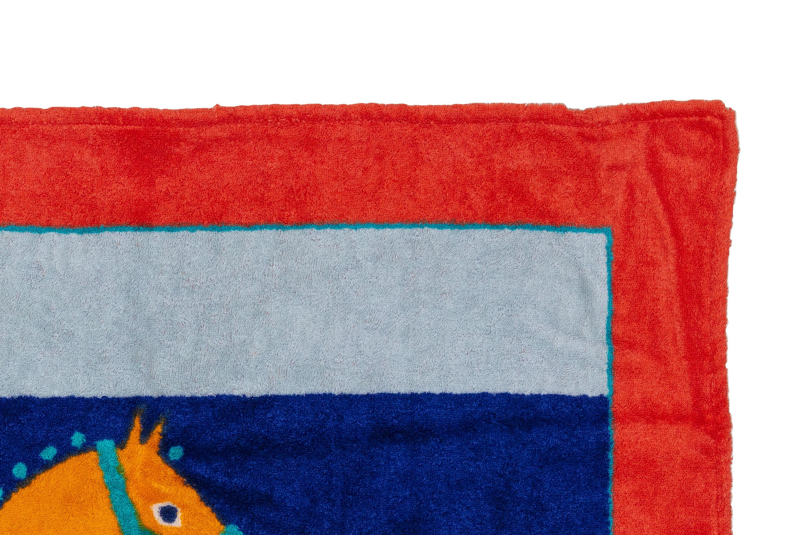 Hermes Beach Towel Horses Red Blue - Cotton NEW 1