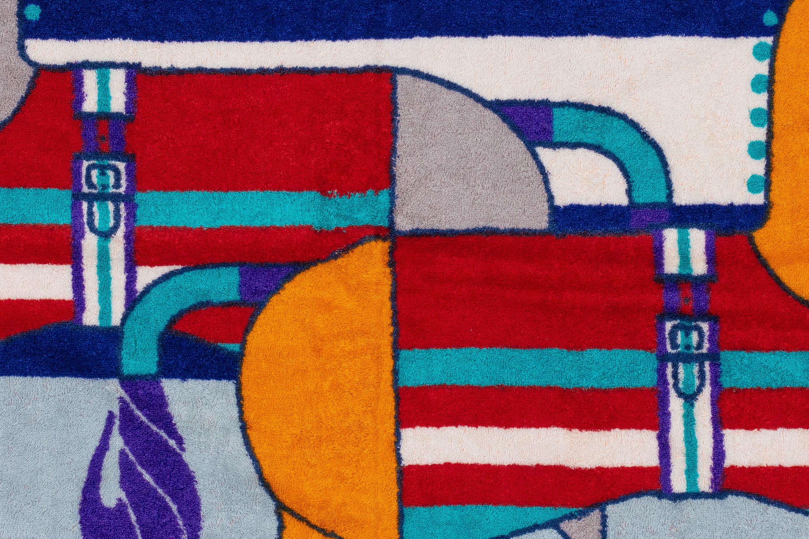 Hermes Beach Towel Horses Red Blue - Cotton NEW 3