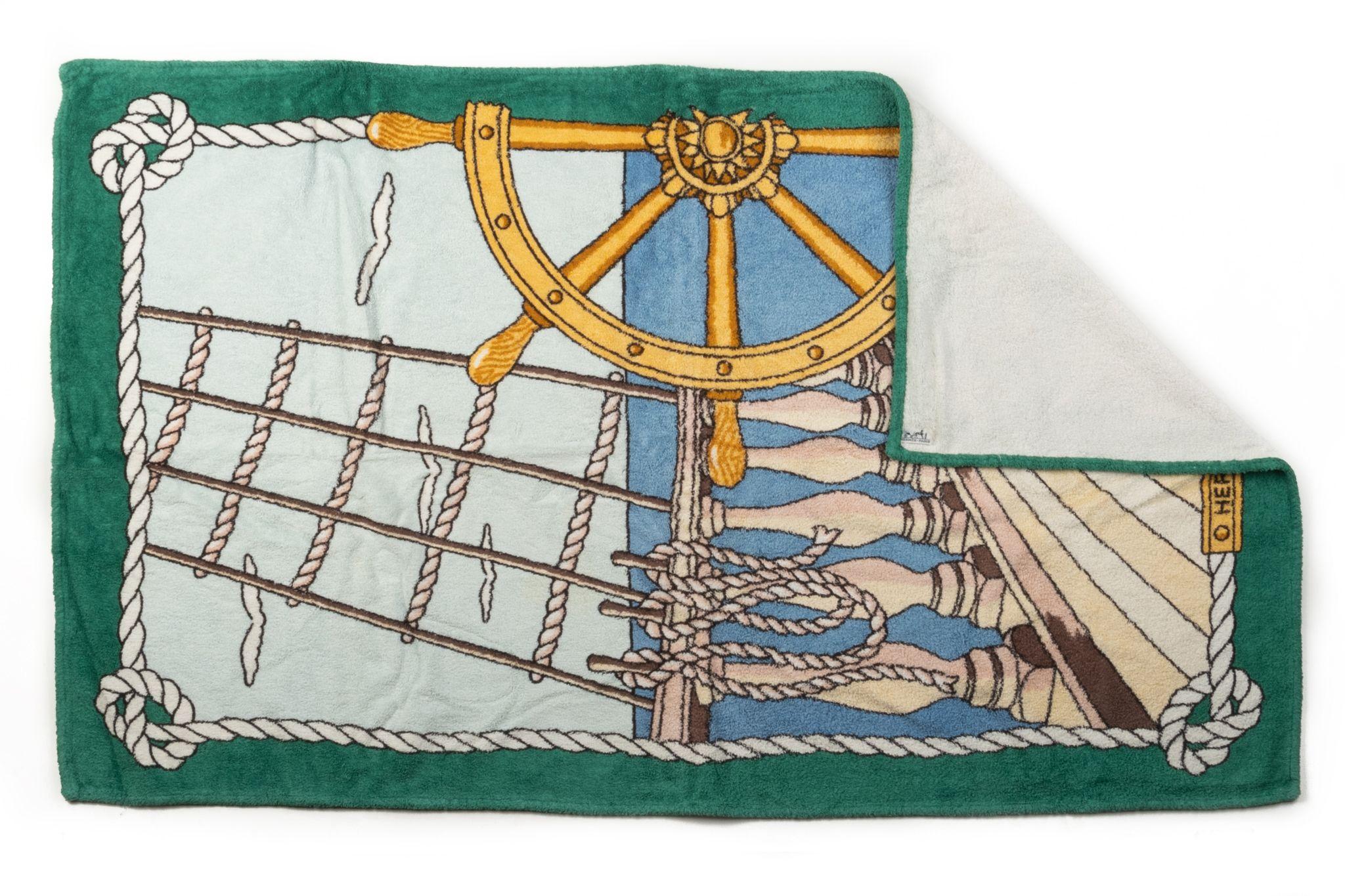 Hermes green, yellow and multicolor cotton beach towel with sailboat design, brand label. 100% cotton.
