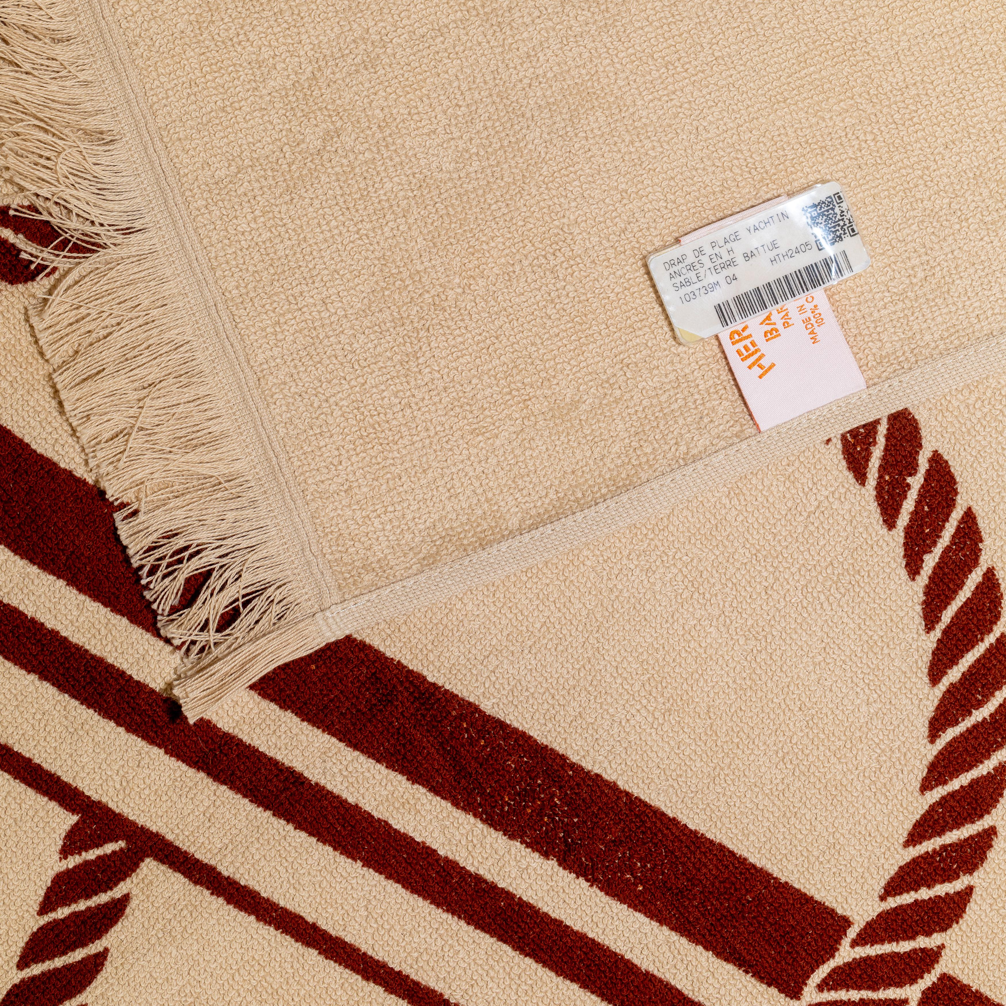 Hermès Beach Towel - Yacht In Ancres en H - Cotton - 140x95cm - Sable Terre Battue - NWSTS - 2508161745

Brand: Hermès
Type/Model: Beach Towel
Design Name: Yacht In Ancres en H
Artist: Dimitri Rybaltchenko
Size: PM (Petit Modèle) – 140cm x 95cm –