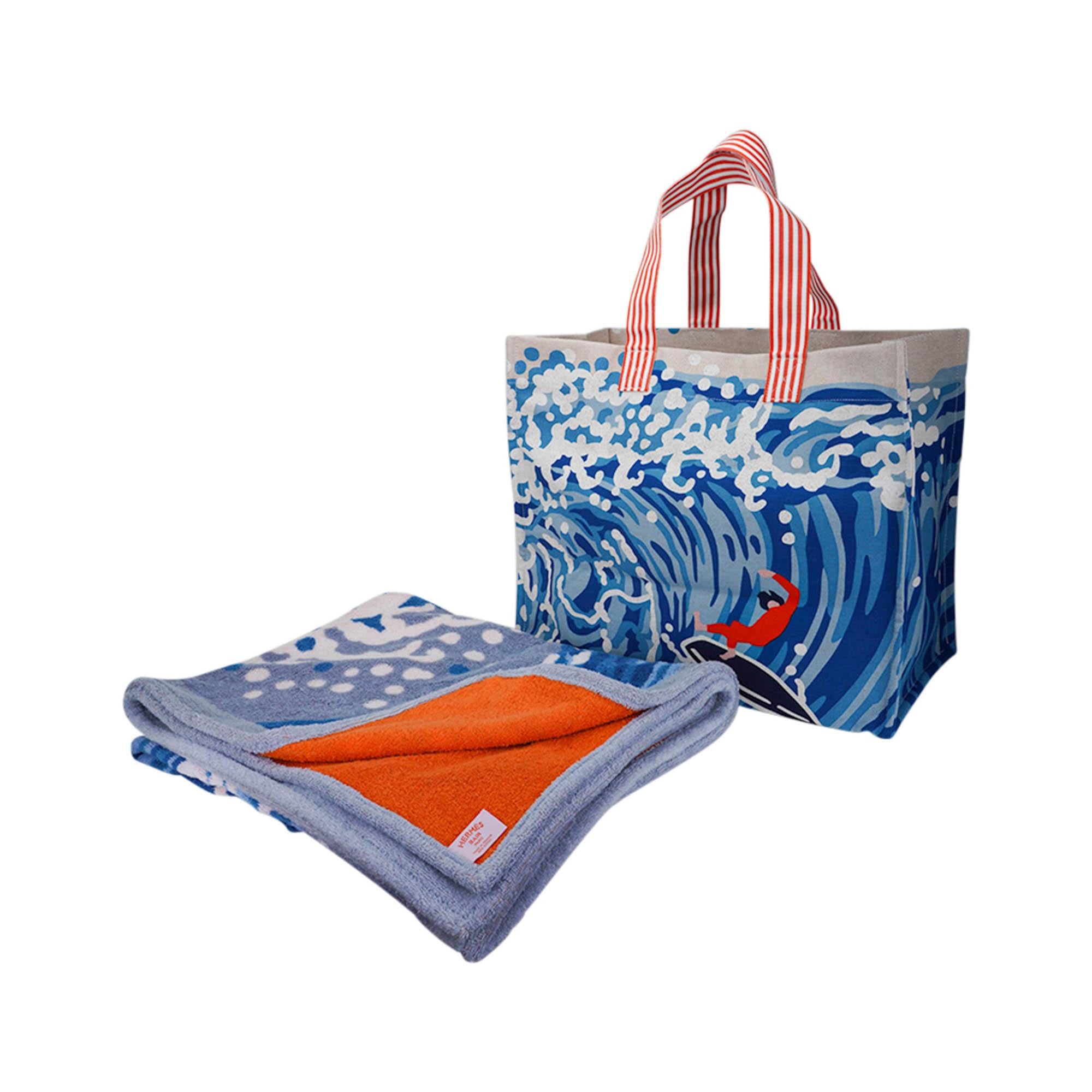 Hermes Beach Wave Tote Printed Toile Denim Bag For Sale 6