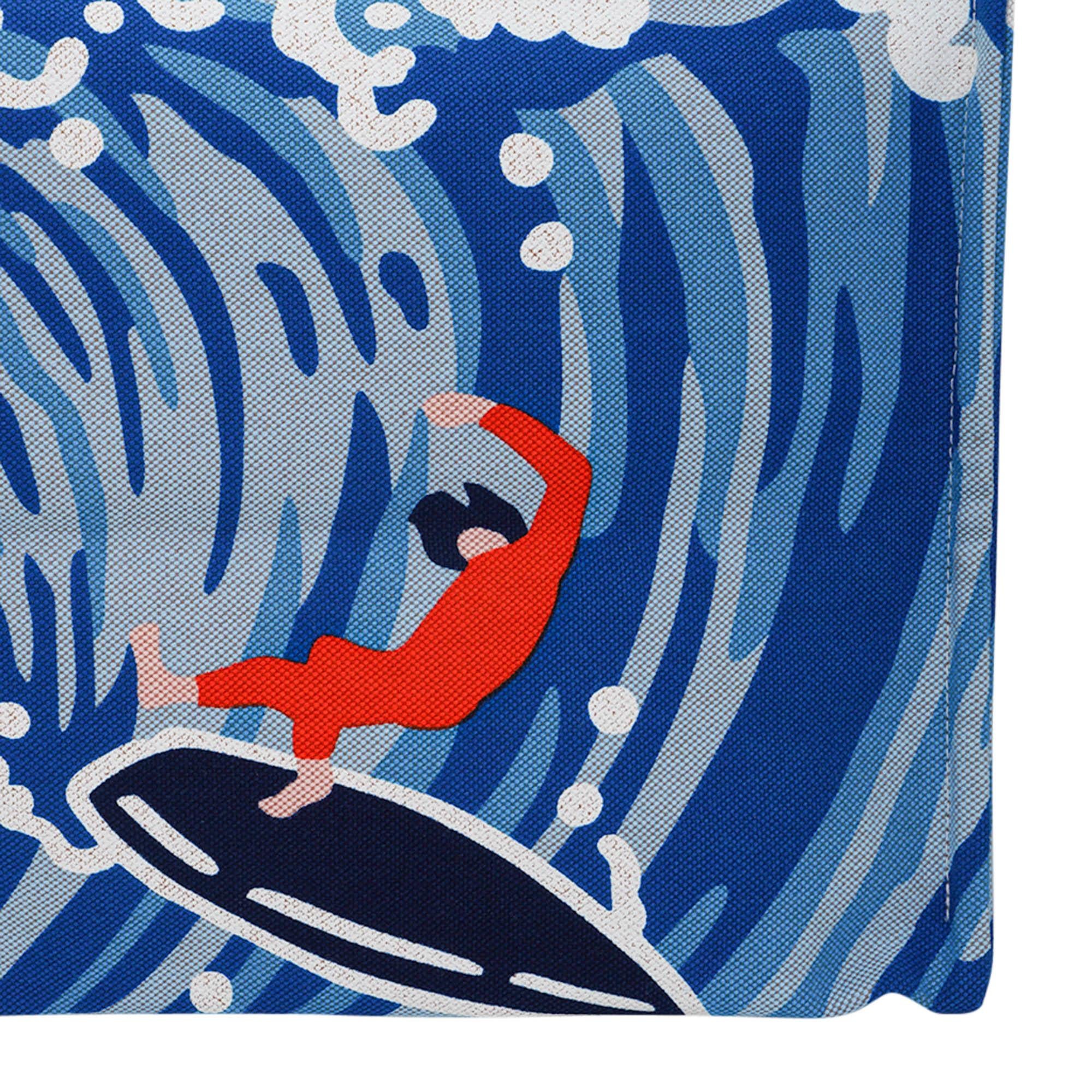 Bleu Hermes Beach Wave Tote Printed Toile Denim Bag en vente