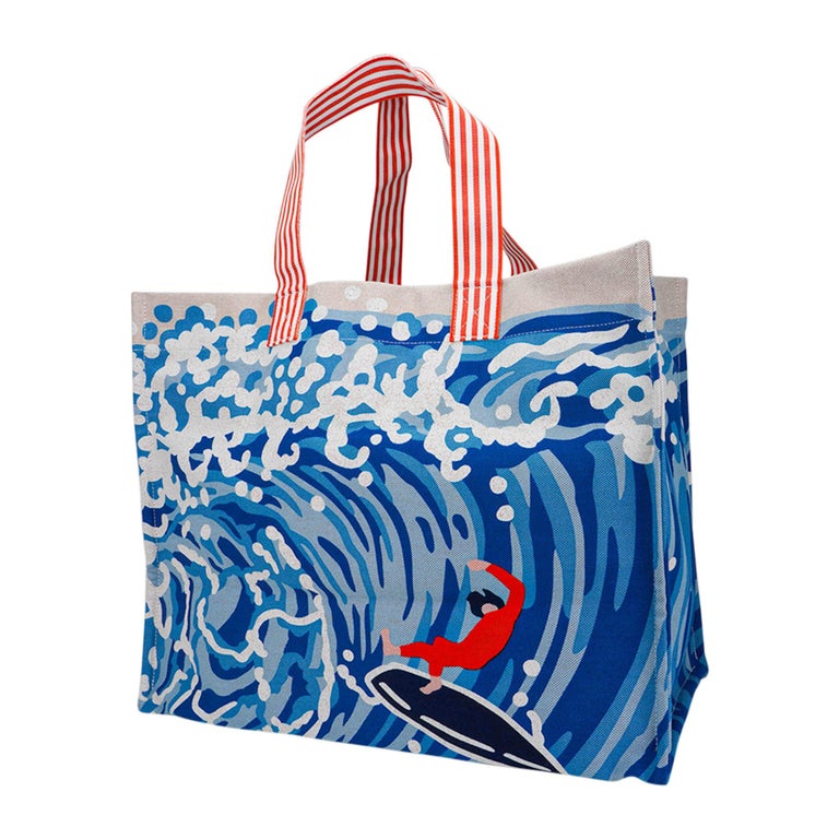 Hermes Beach Wave Tote Printed Toile Denim Bag For Sale at 1stDibs