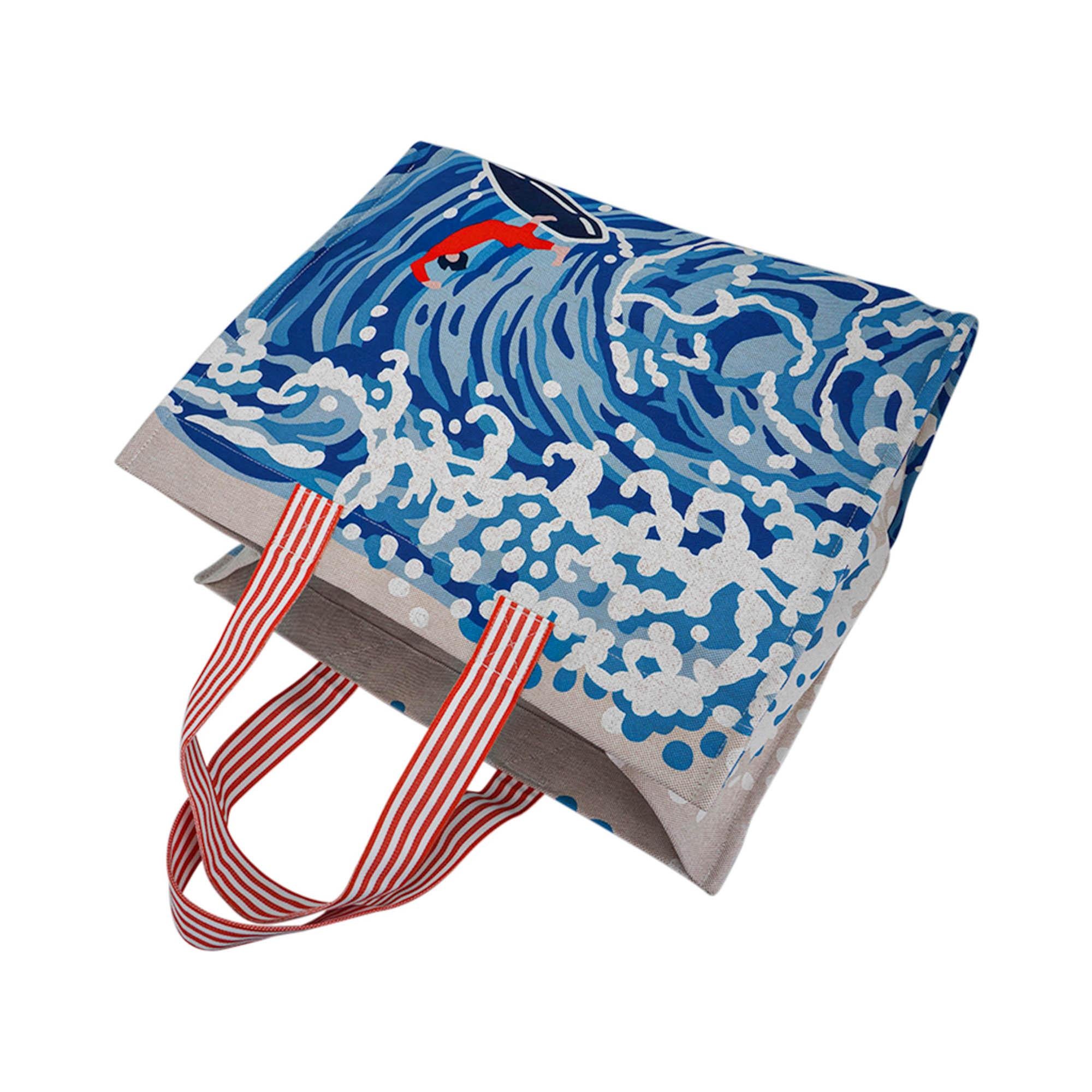 Hermes Beach Wave Tote Printed Toile Denim Bag For Sale 2