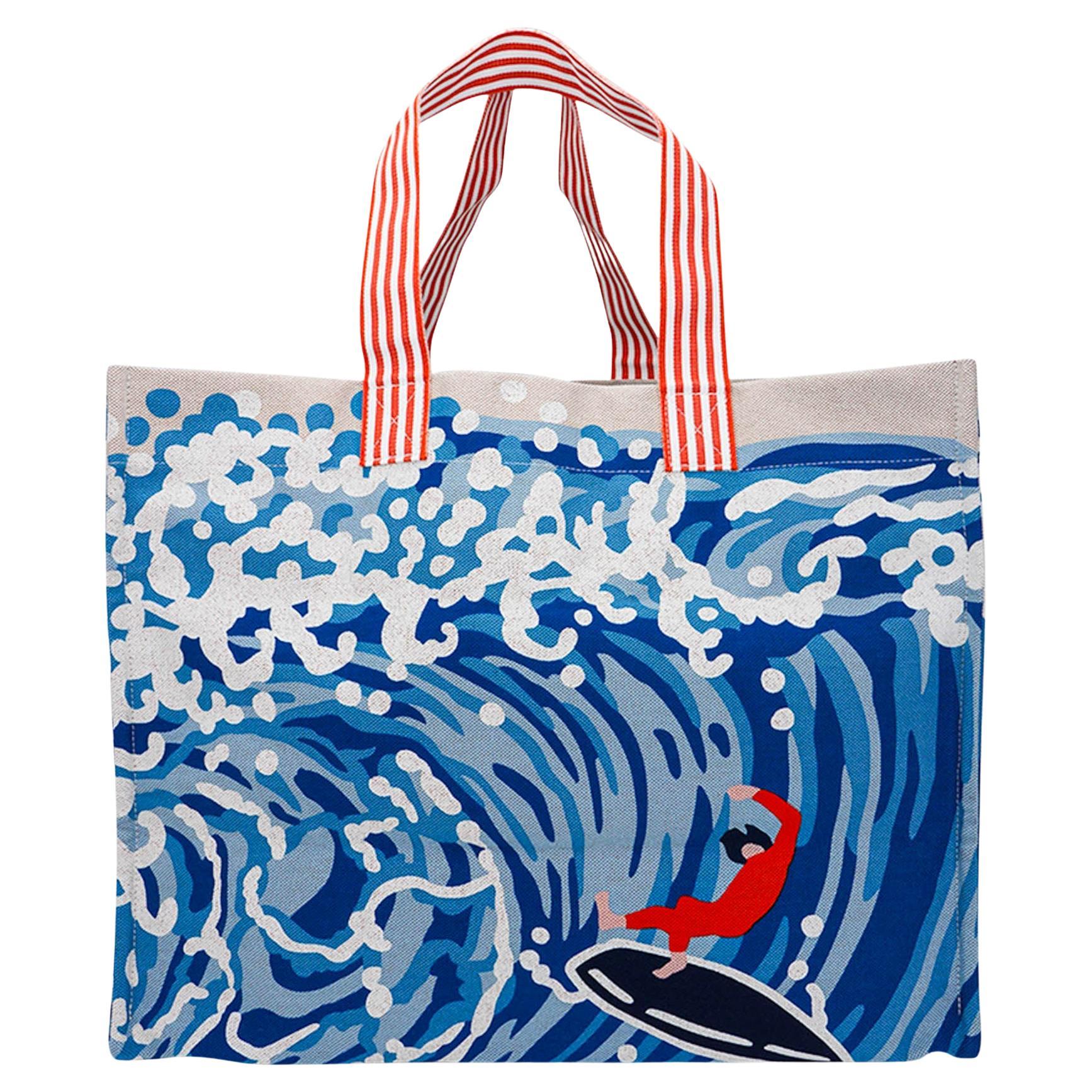 Hermes Beach Wave Tote Printed Toile Denim Bag en vente