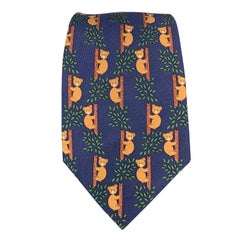 HERMES Bear Print Navy 
Brown Silk Tie