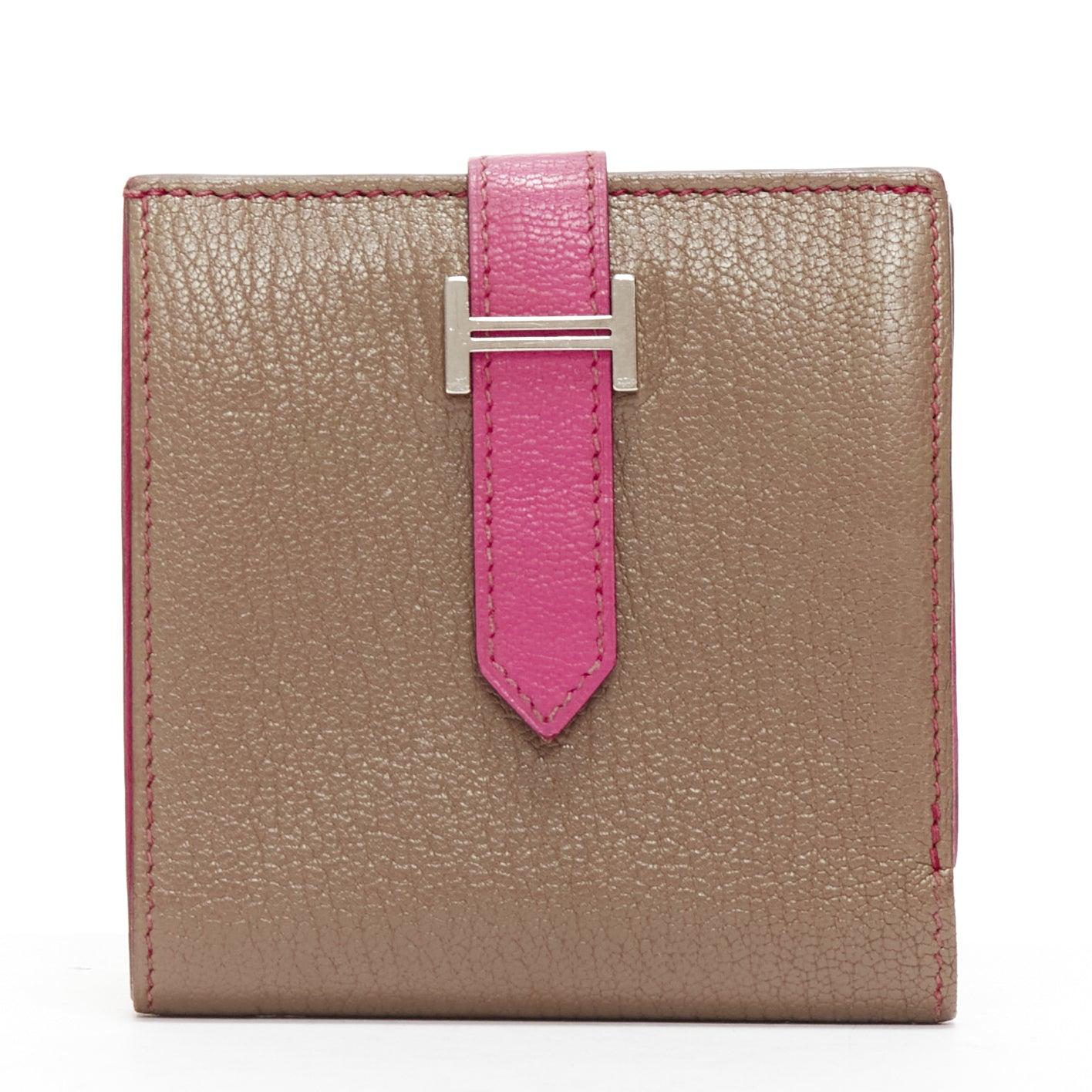 Brown HERMES Bearn brown pink leather H logo strap bifold square wallet For Sale