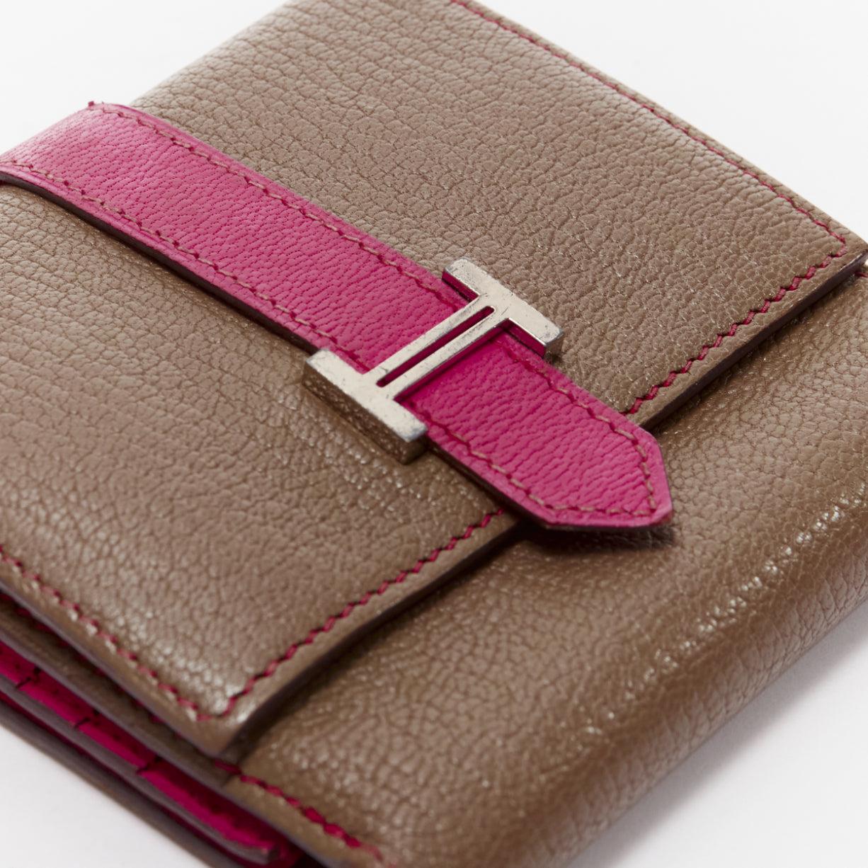 Women's HERMES Bearn brown pink leather H logo strap bifold square wallet For Sale