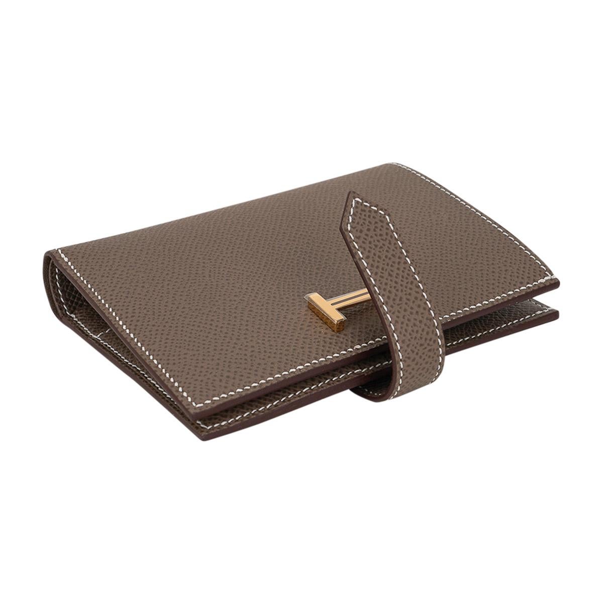Black Hermes Bearn Compact Wallet Etoupe Gold Hardware Epsom Leather For Sale