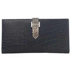 HERMES Bearn Navy Matte Alligator Lizard Exotic Palladium Clutch Wallet