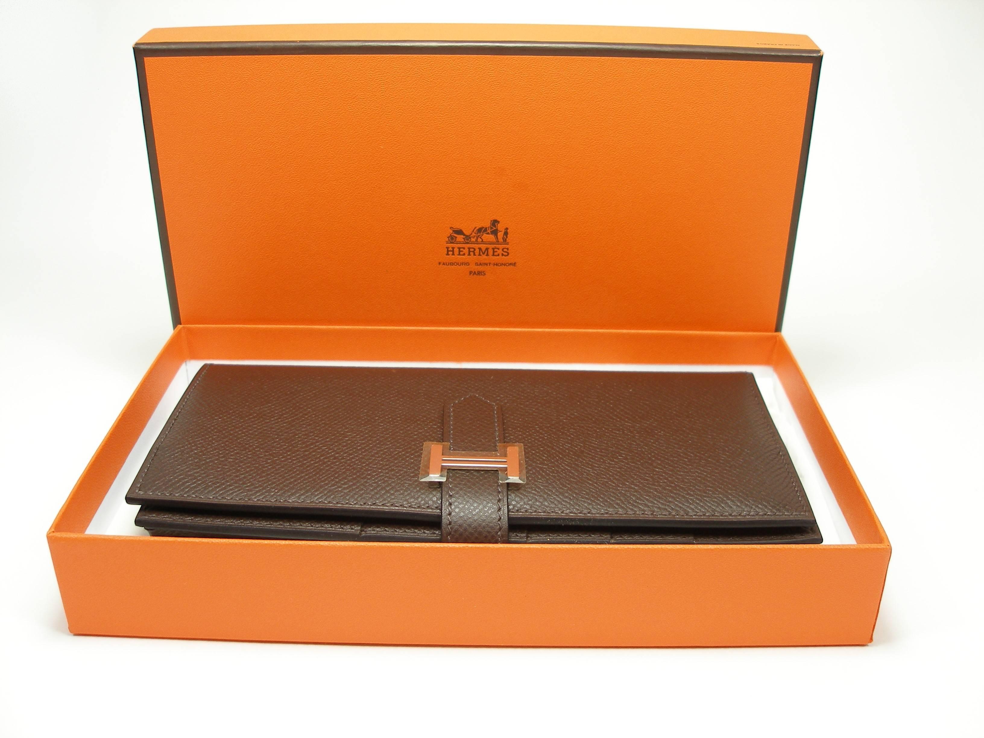 Hermès Béarn Soufflet Wallet Brown Chocolat Epsom Leather H claps / Brand New For Sale 4