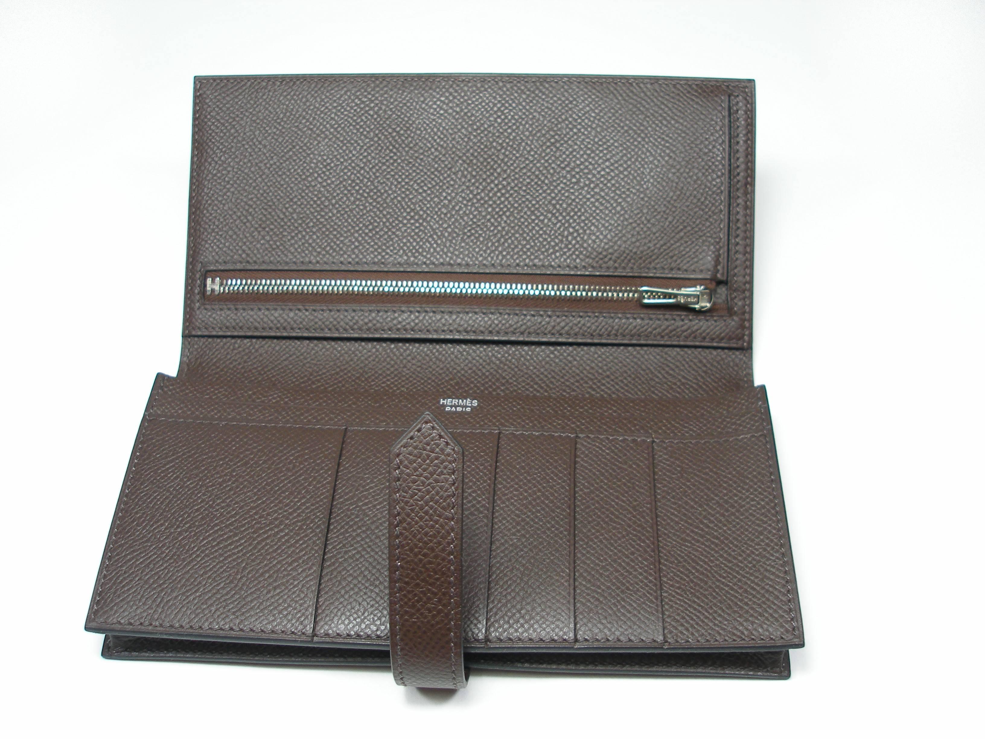 Hermès Béarn Soufflet Wallet Brown Chocolat Epsom Leather H claps / Brand New  For Sale 6