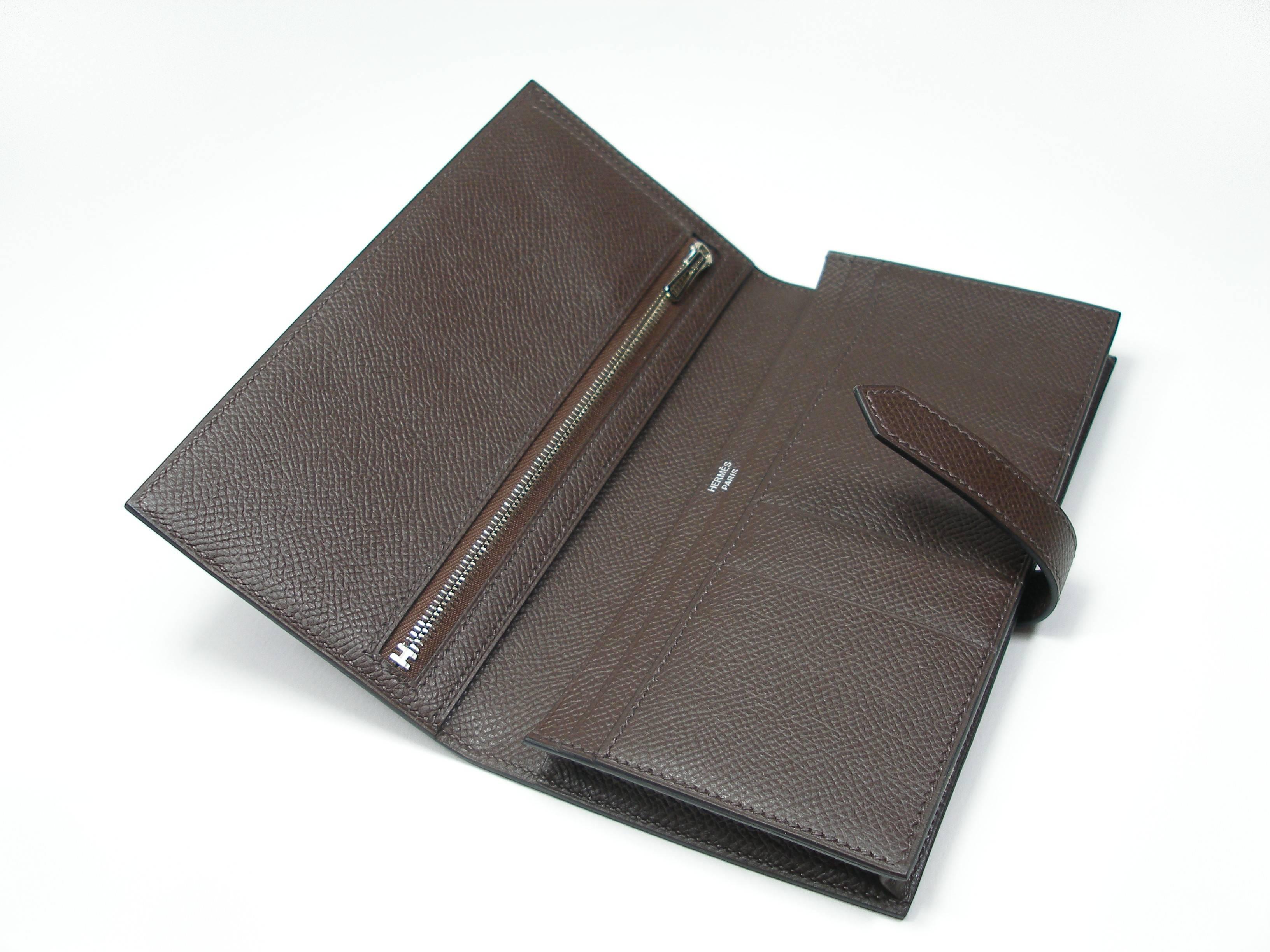 Hermès Béarn Soufflet Wallet Brown Chocolat Epsom Leather H claps / Brand New  For Sale 8