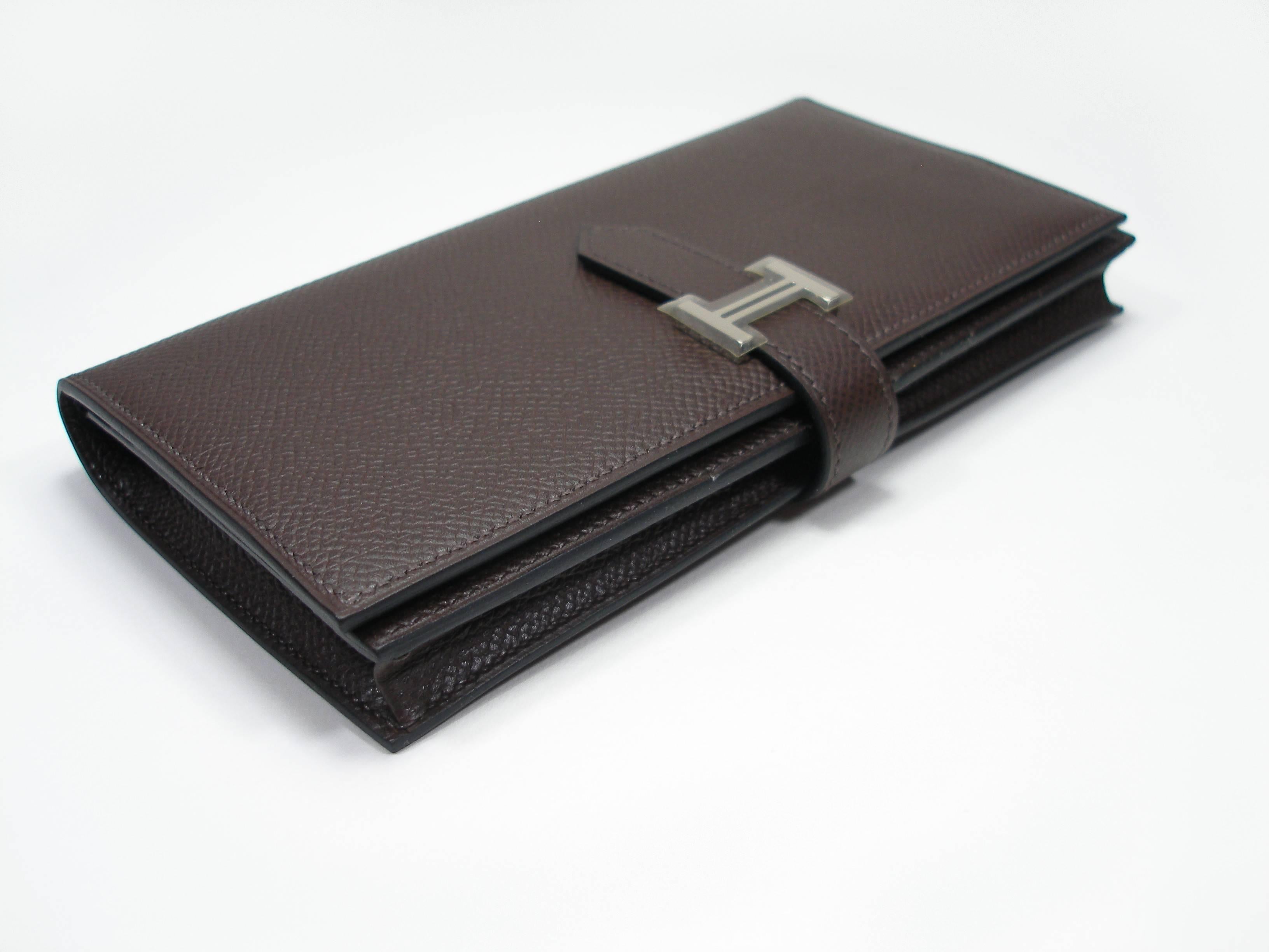 Black Hermès Béarn Soufflet Wallet Brown Chocolat Epsom Leather H claps / Brand New  For Sale