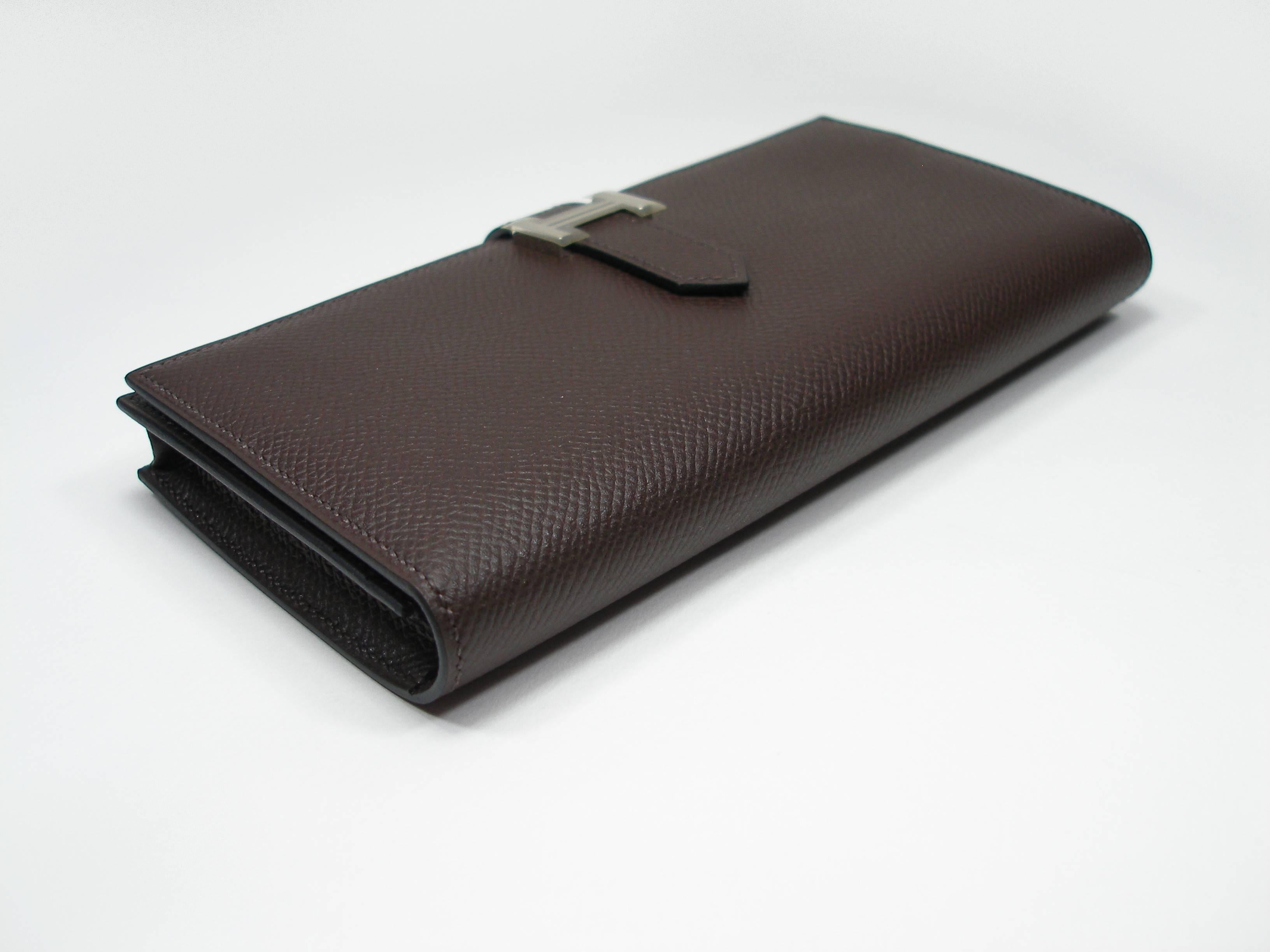 Hermès Béarn Soufflet Wallet Brown Chocolat Epsom Leather H claps / Brand New  In New Condition For Sale In VERGT, FR