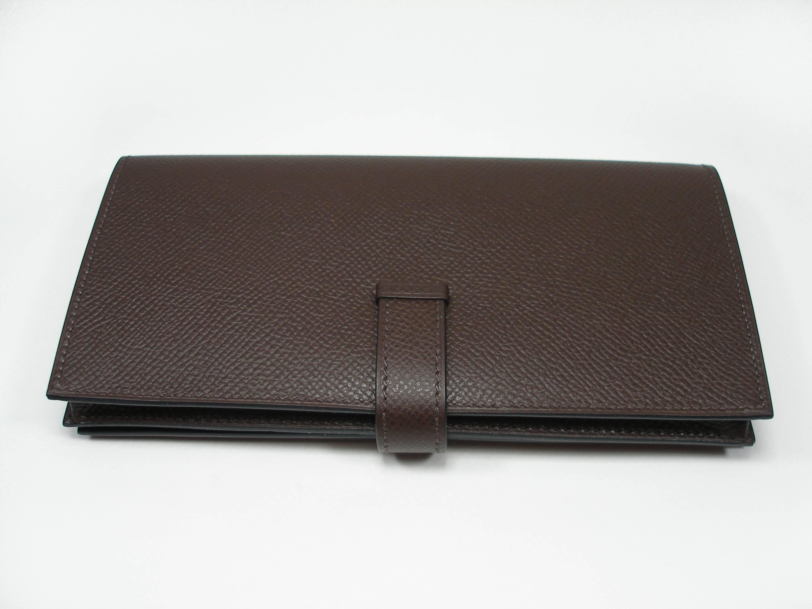 Hermès Béarn Soufflet Wallet Brown Chocolat Epsom Leather H claps / Brand New  For Sale 1