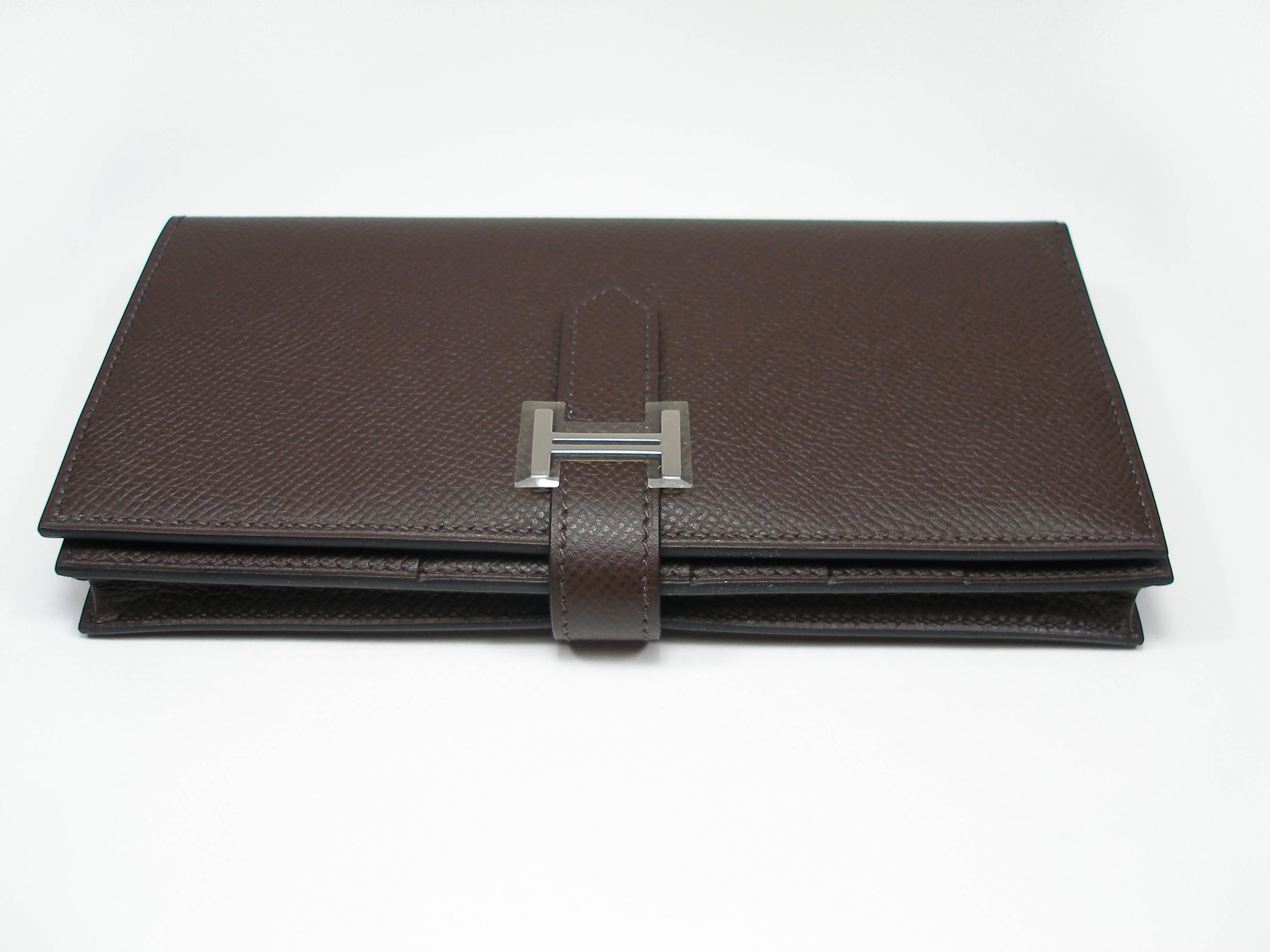 Hermès Béarn Soufflet Wallet Brown Chocolat Epsom Leather H claps / Brand New  For Sale 2