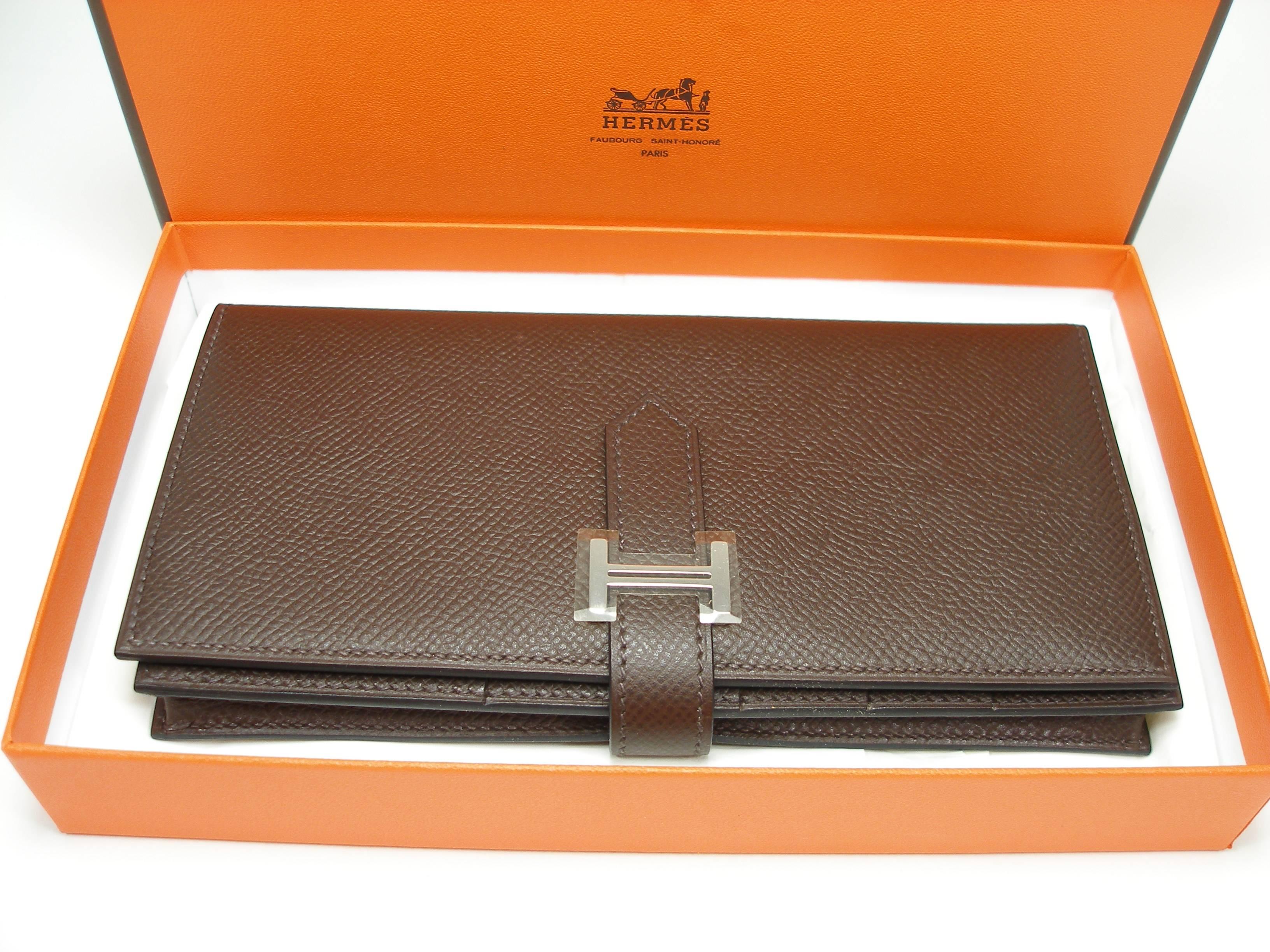 Hermès Béarn Soufflet Wallet Brown Chocolat Epsom Leather H claps / Brand New  For Sale 3