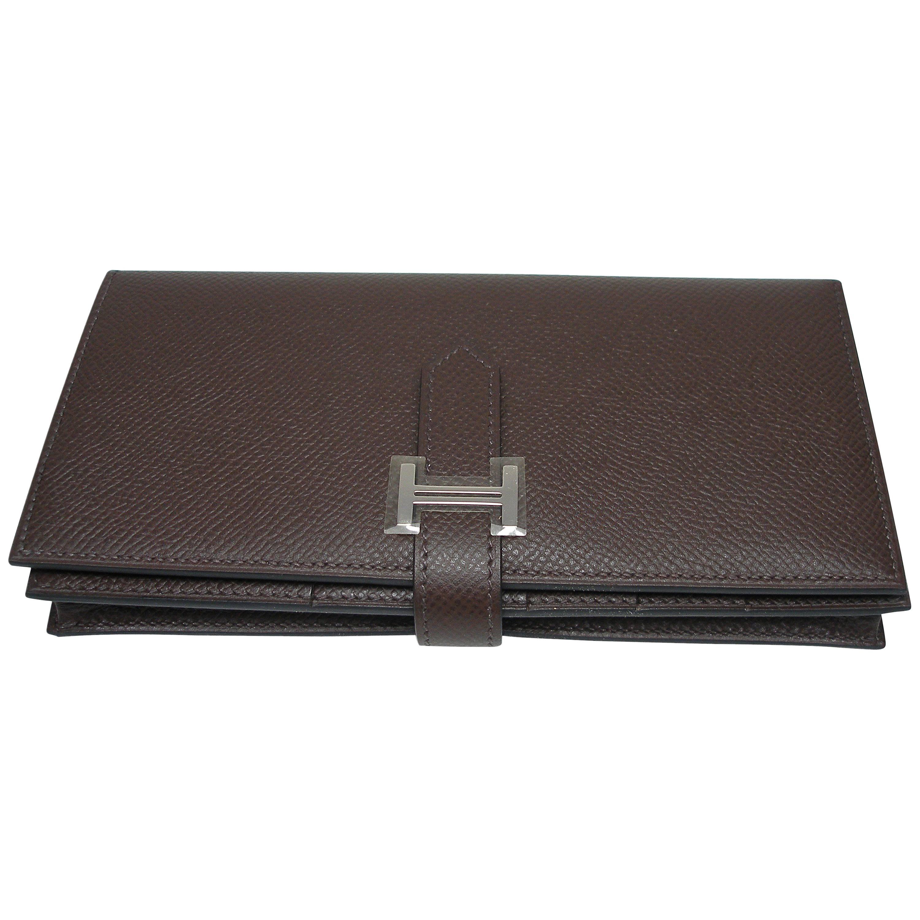 Hermès Béarn Soufflet Wallet Brown Chocolat Epsom Leather H claps / Brand New For Sale