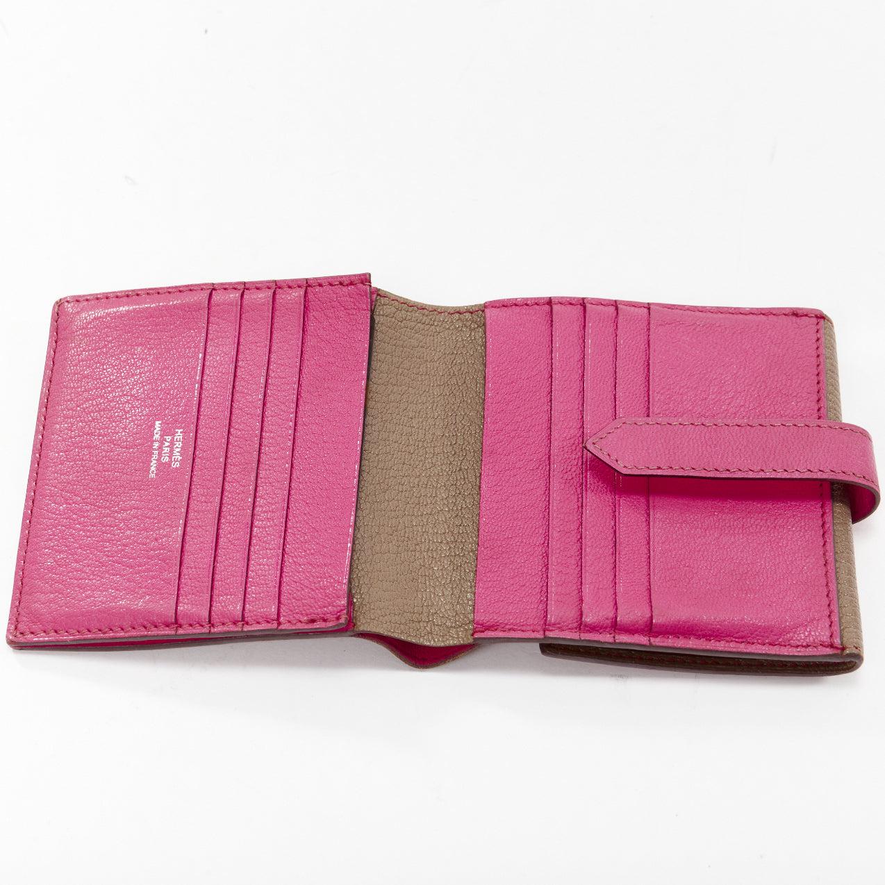HERMES Bearn taupe pink leather H logo strap bifold square wallet In Fair Condition For Sale In Hong Kong, NT