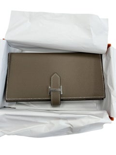 Hermes Bearn Wallet With Gusset Etoupe Epsom Calfskin Leather Palladium Plated