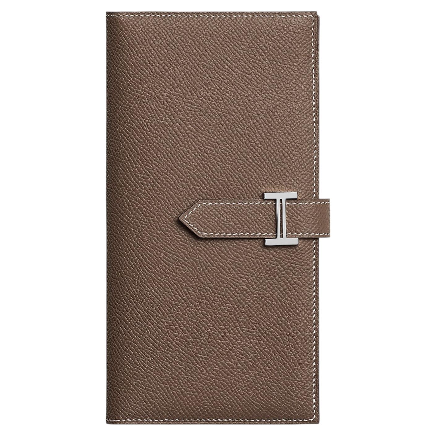Hermes Bearn Wallet With Gusset Etoupe Epsom Calfskin Leather Palladium Plated