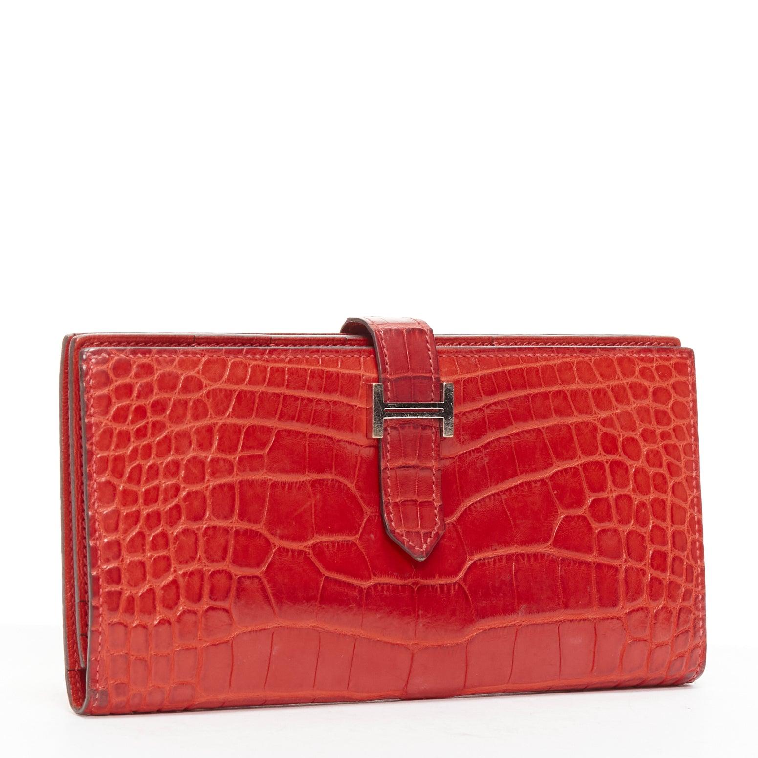 HERMES Bearne red scaled leather silver H logo long wallet For Sale 5