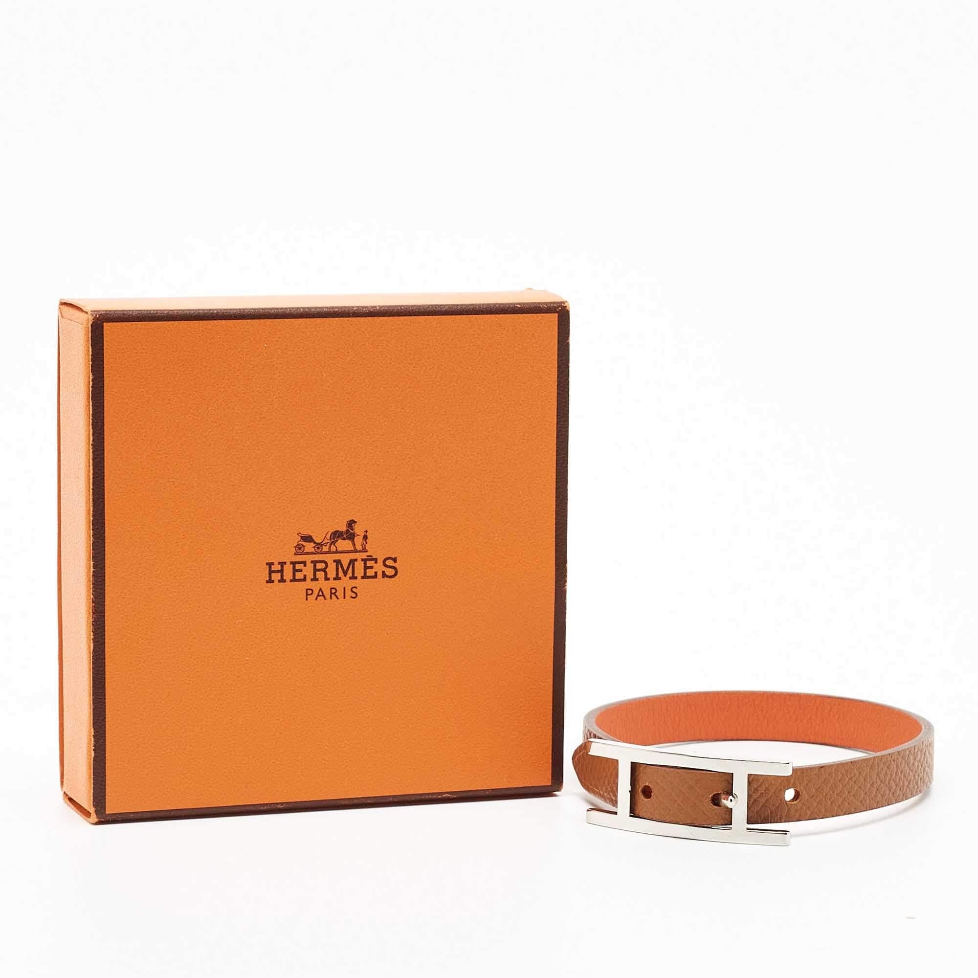 Hermes Behapi Brown/Orange Leather Palladium Plated Reversible Bracelet In Excellent Condition In Dubai, Al Qouz 2