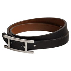 Bracelet Hermès Behapi Double Tour en cuir de veau noir/fauve Tadelakt, Taille T1 14,5 cm