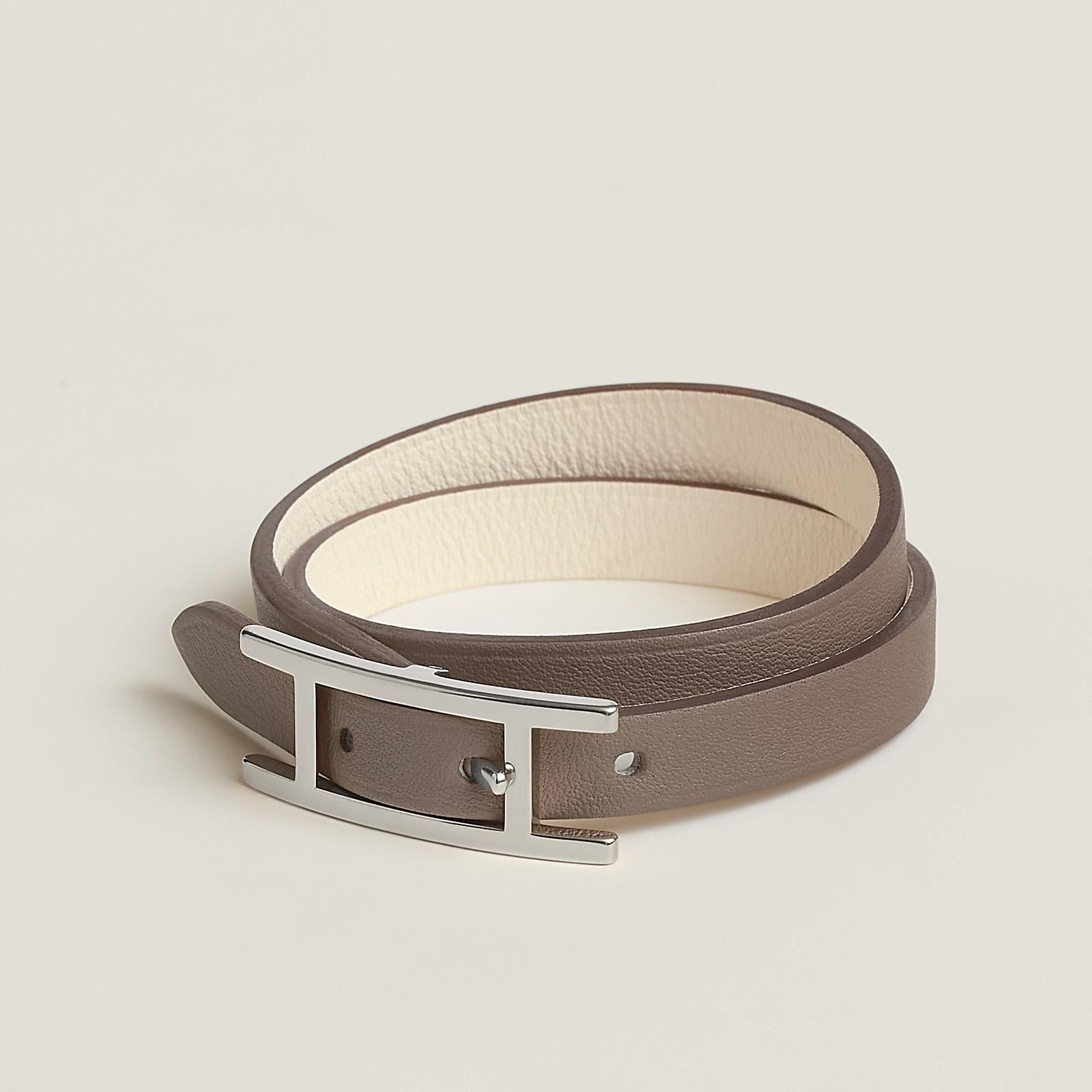  Hermès Behapi Bracelet double tour en cuir de veau Swift naturel et chêne taille T2 15,5 cm Pour femmes 