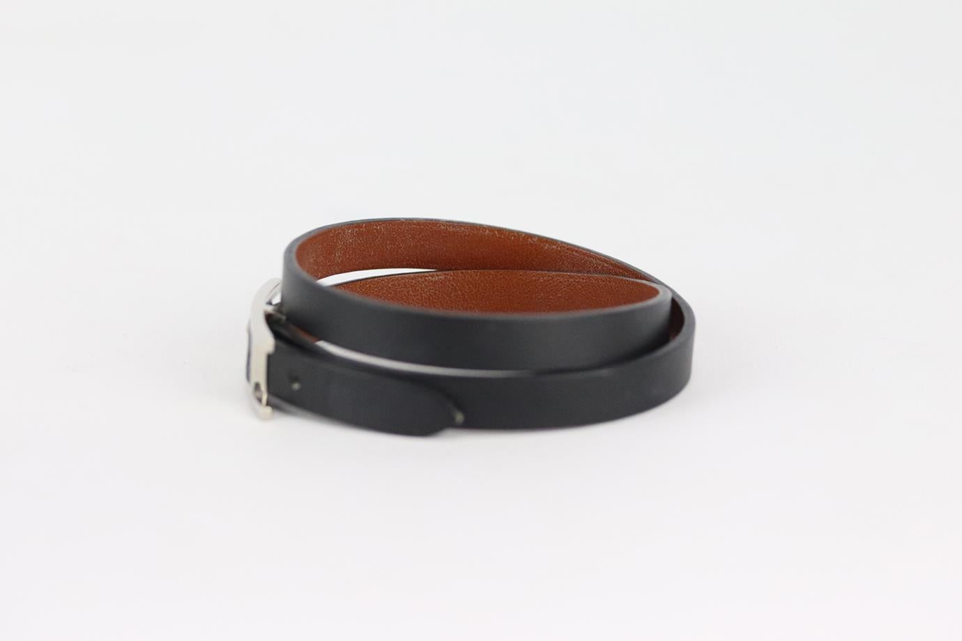 Hermès Behapi double tour leather bracelet. Black and silver. Buckle fastening at front. Does not come with box or dustbag. Length: 16.5 in. Very good condition - Light signs of wear; see pictures.
