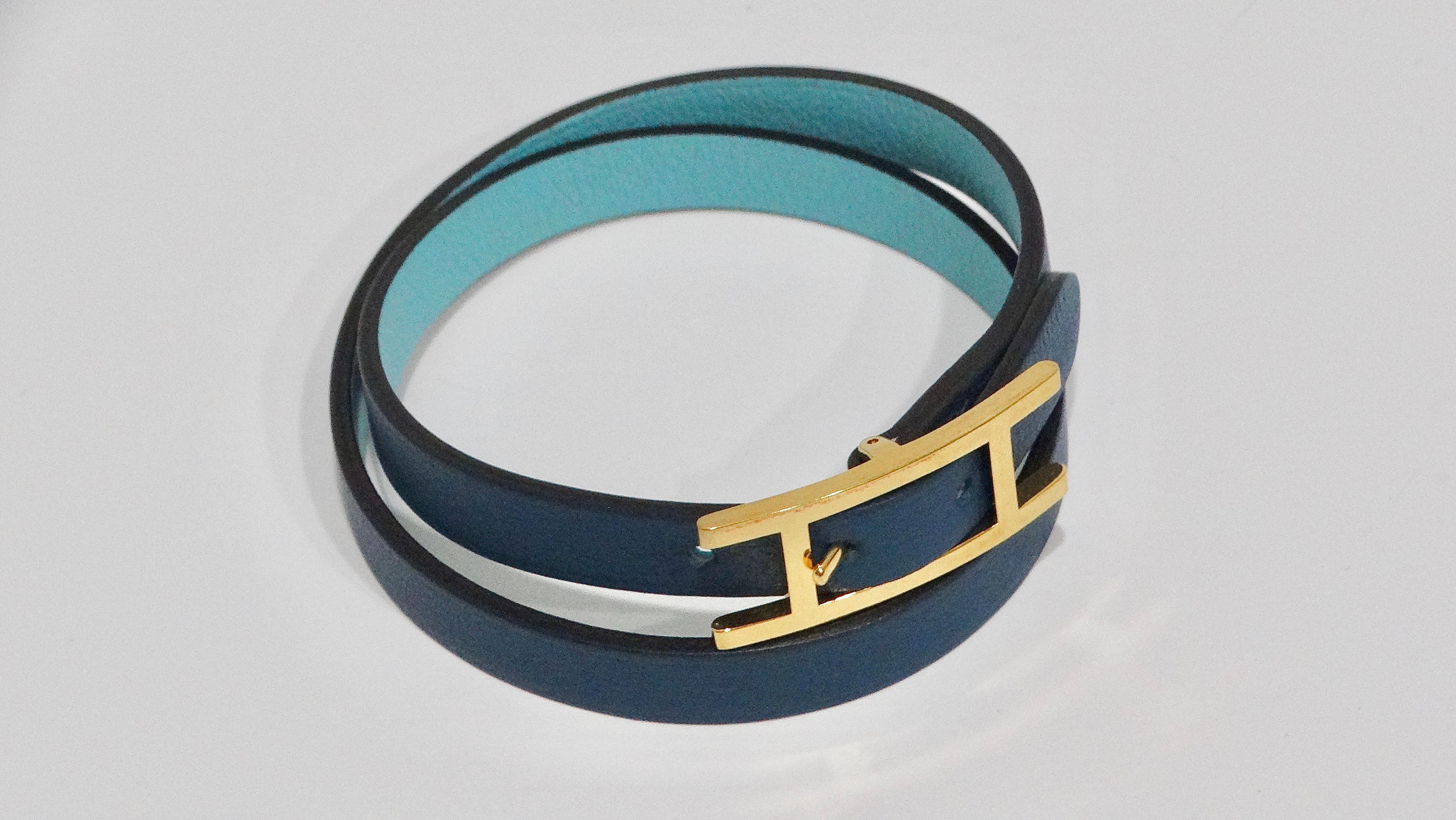 Hermes Behapi Double Tour Pulsera Envolvente de Piel Azul Bicolor en Excelente estado para la venta en Scottsdale, AZ