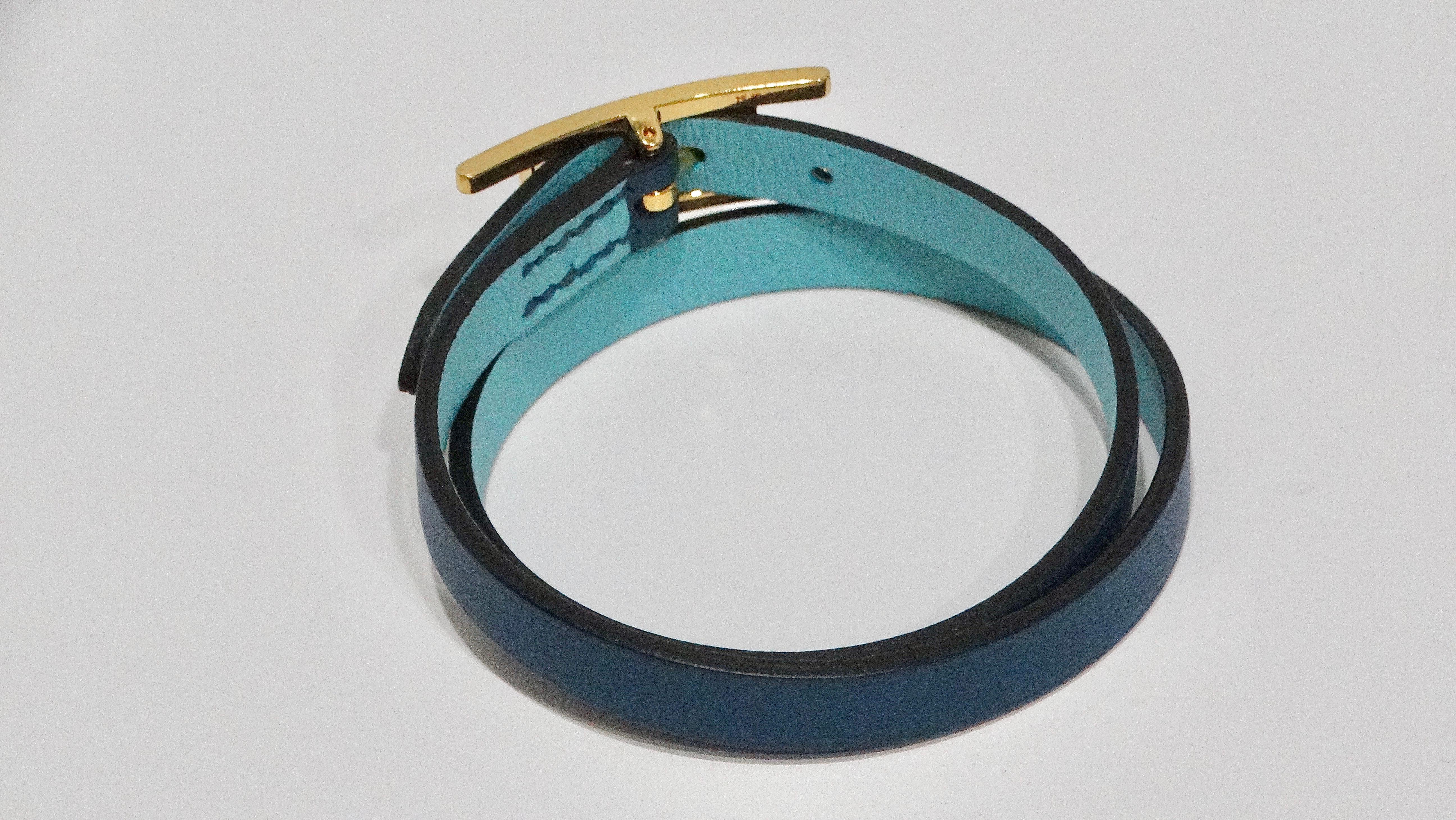 De las mujeres Hermes Behapi Double Tour Pulsera Envolvente de Piel Azul Bicolor en venta