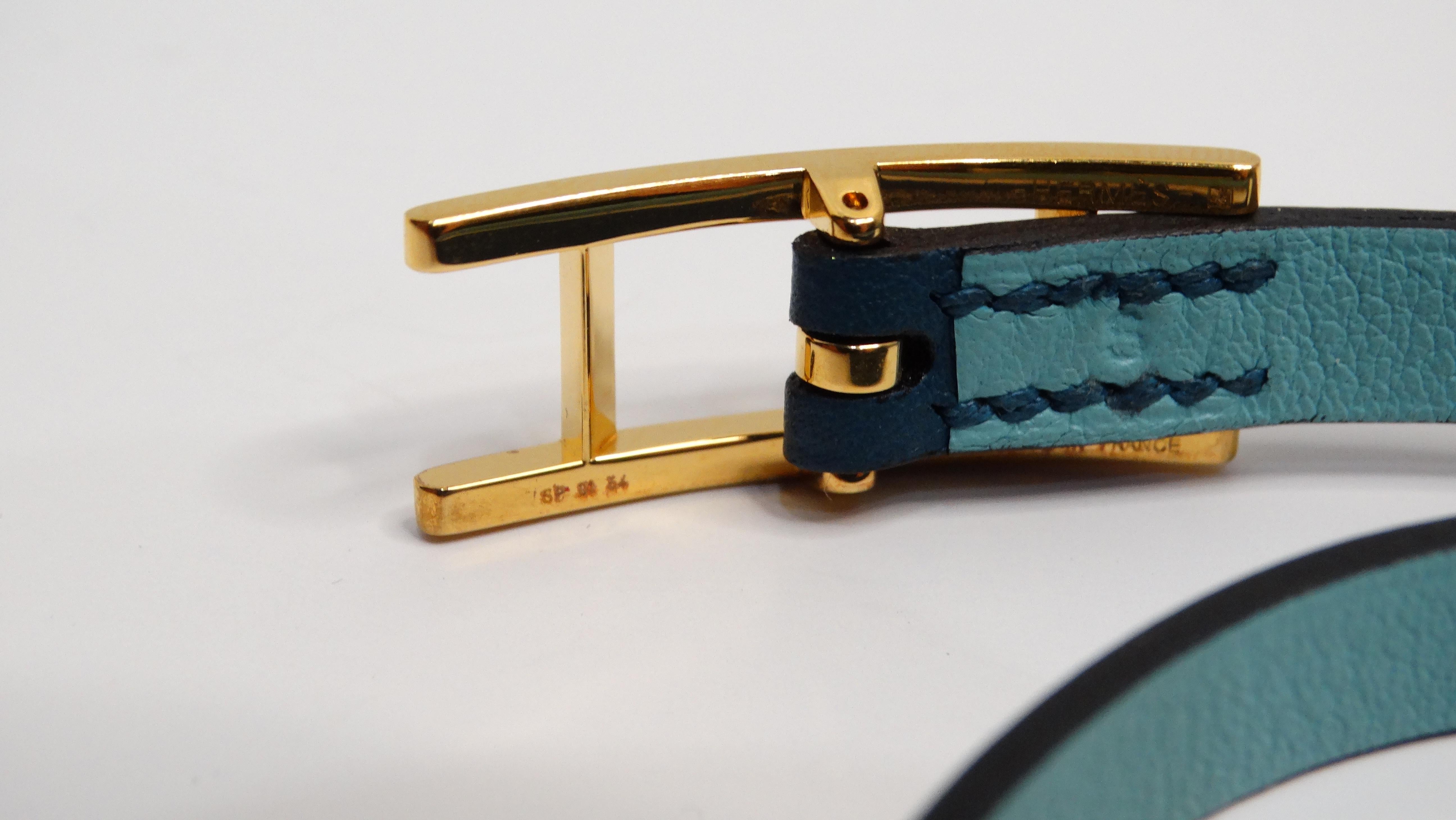 Hermes Behapi Double Tour Pulsera Envolvente de Piel Azul Bicolor en venta 2