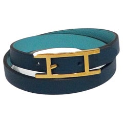 Hermes Behapi Double Tour Two-Toned Blue Leather Wrap Bracelet
