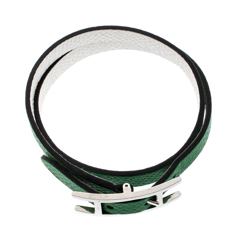 Contemporary Hermes Behapi Green and White Leather Reversible Double Tour Bracelet XS