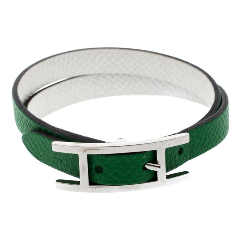 Hermes Behapi Green and White Leather Reversible Double Tour Bracelet XS