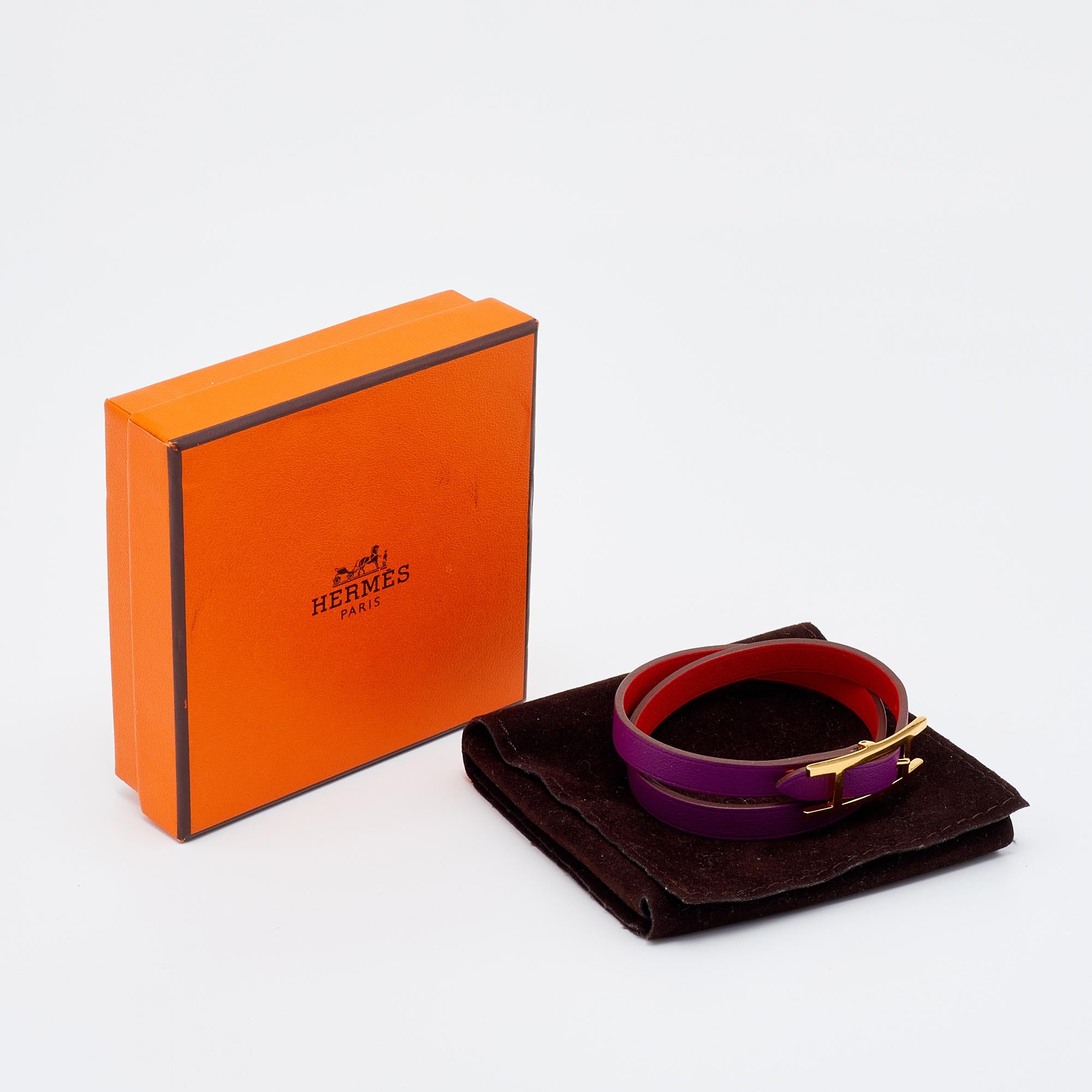 Contemporary Hermès Behapi Orange & Purple Leather Double Tour Reversible Bracelet XS