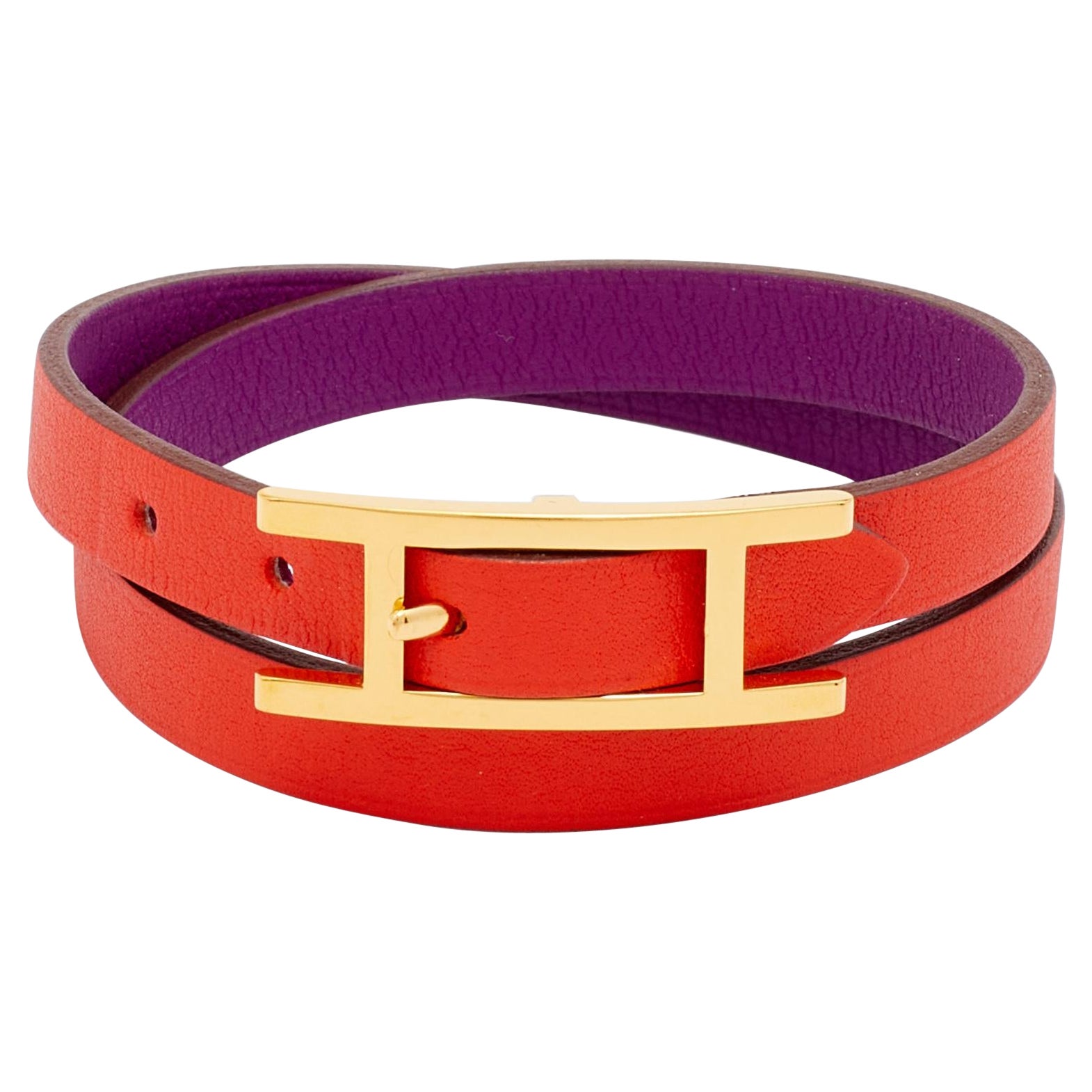 Hermès Behapi Orange 
Purple Leather Double Tour Reversible Bracelet XS
