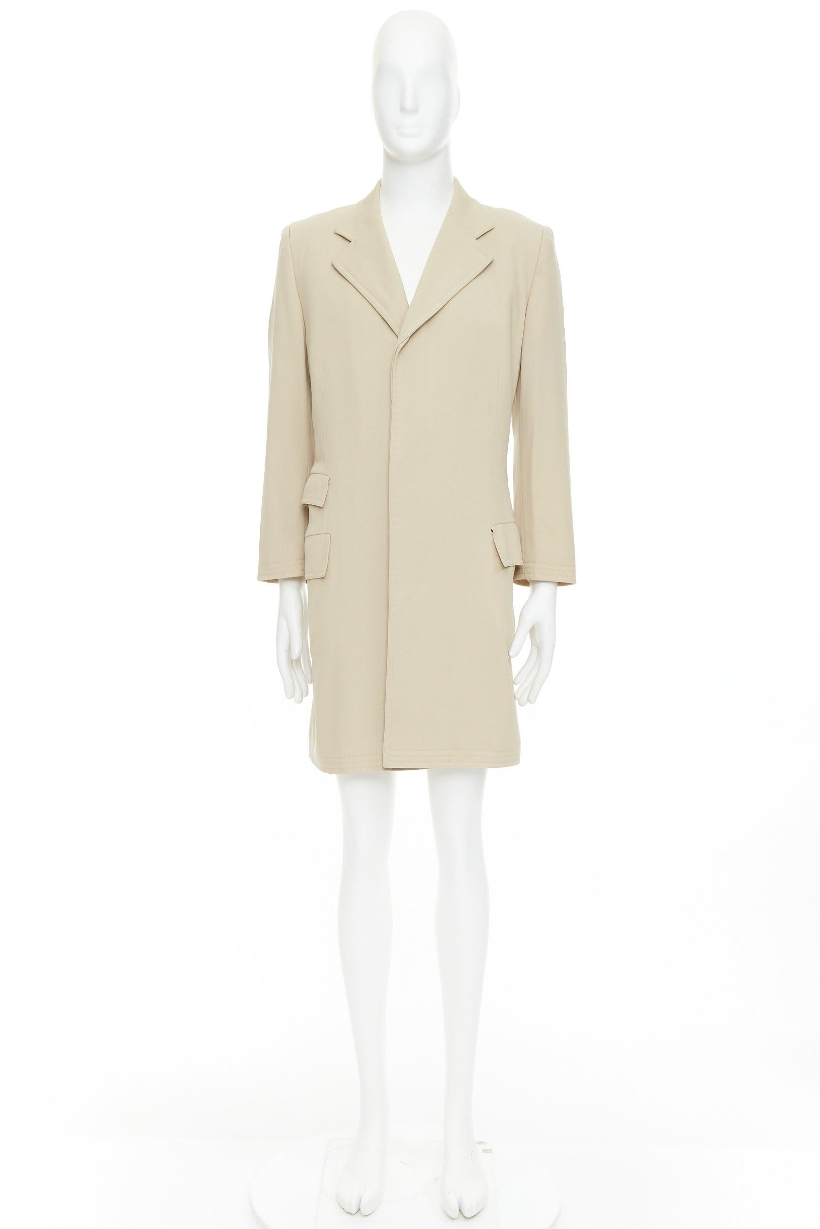 HERMES beige 100% wool twill horn buttons minimal long coat IT46 S in vendita 4