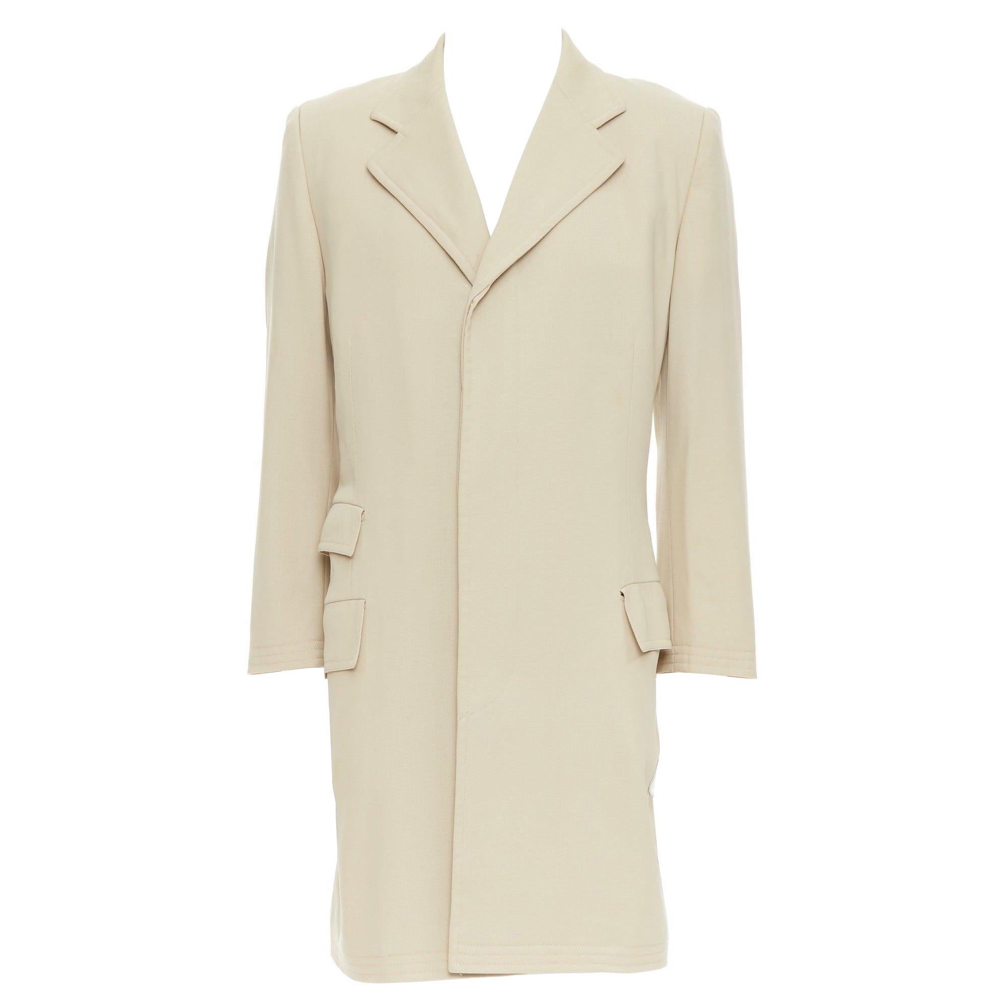 HERMES beige 100% wool twill horn buttons minimal long coat IT46 S