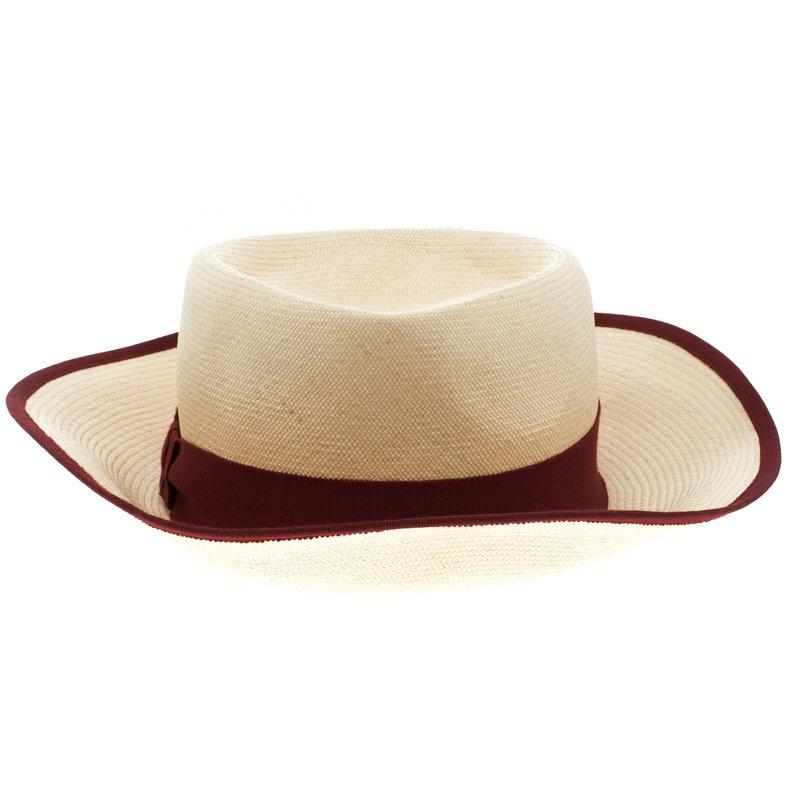 Hermes Beige Basket Weave Maroon Ribbon Detail Panama Hat Size 58 In Excellent Condition In Dubai, Al Qouz 2