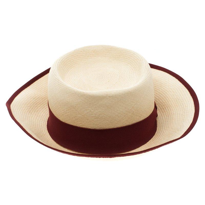 Women's Hermes Beige Basket Weave Maroon Ribbon Detail Panama Hat Size 58